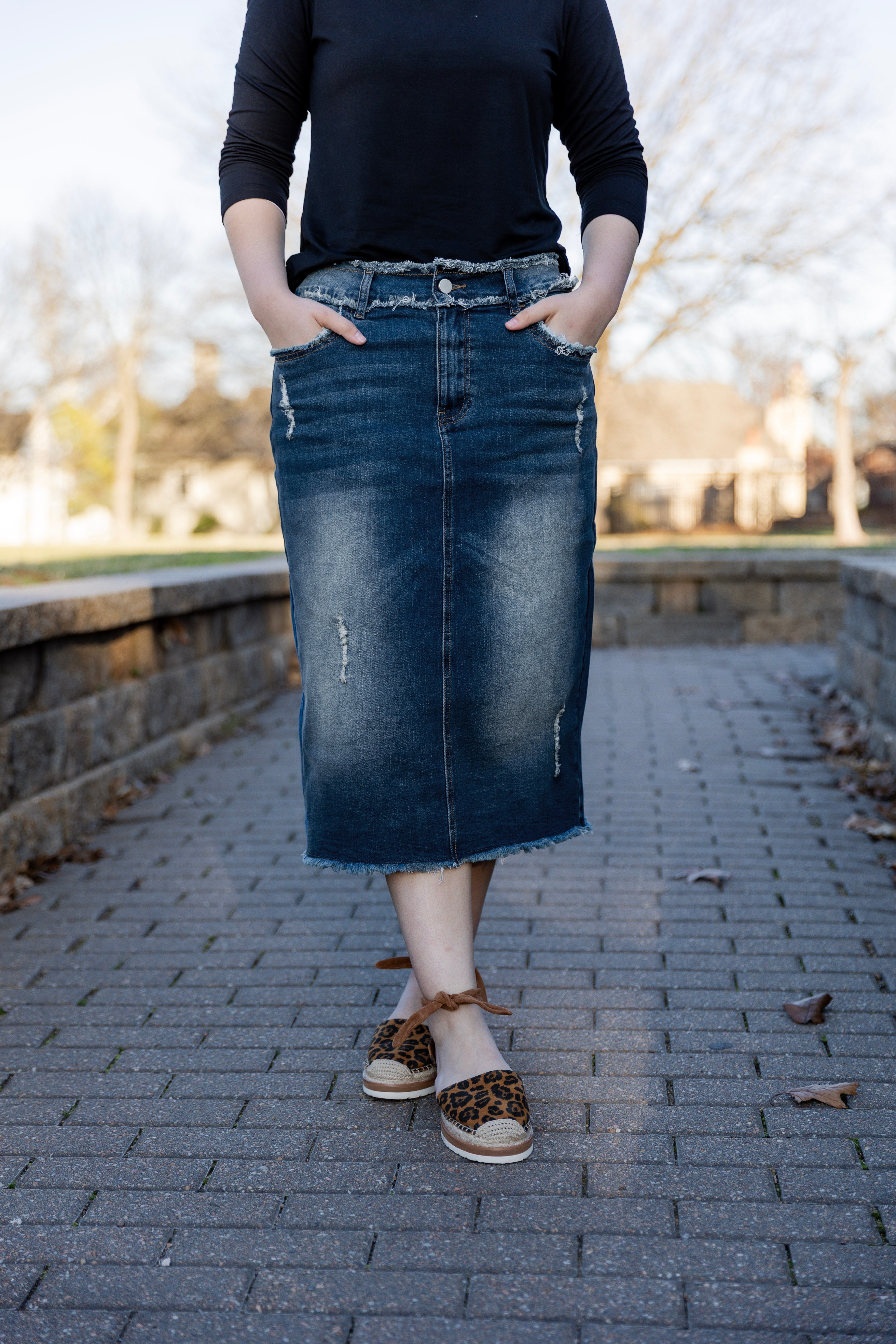 modest denim skirts in 27" length