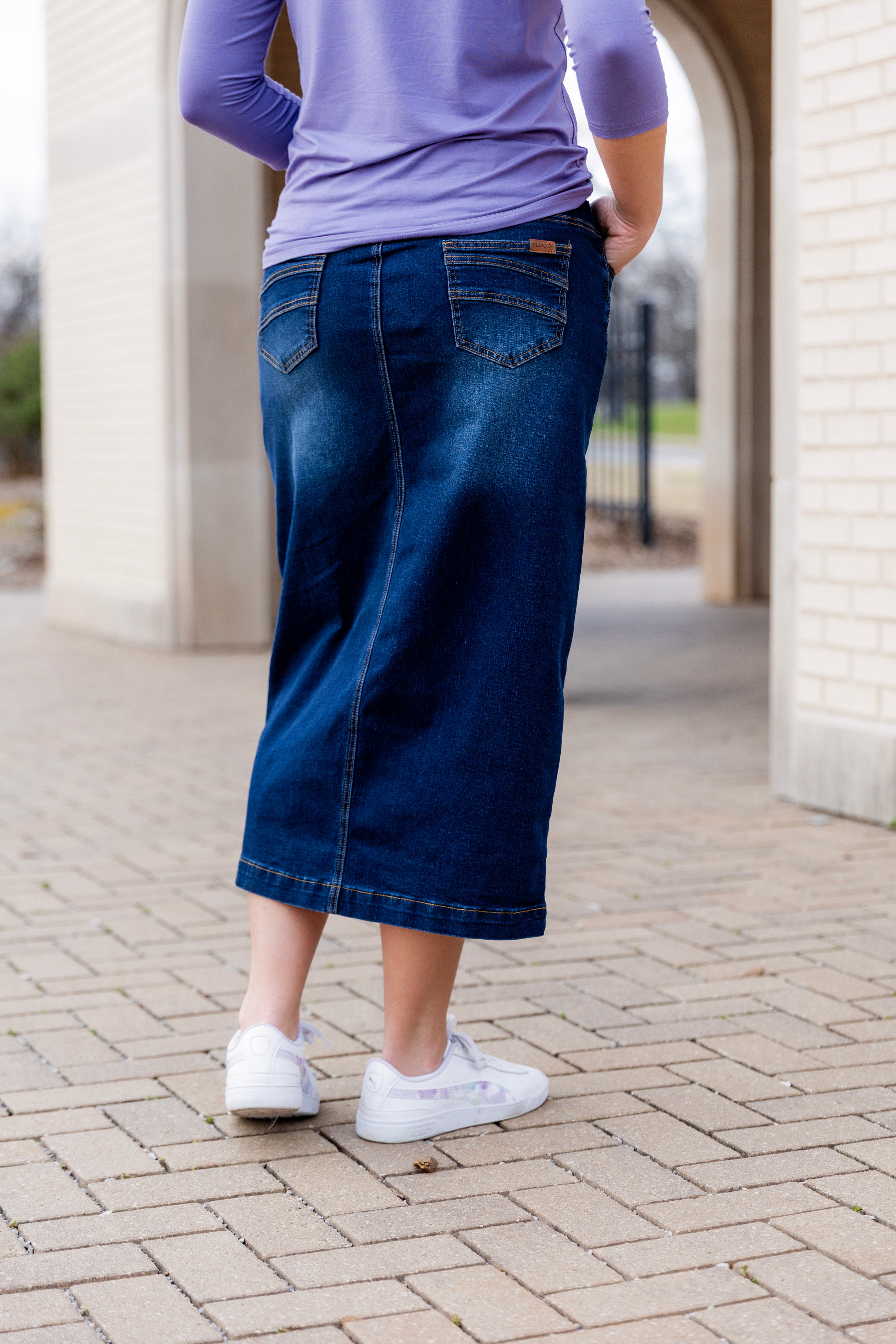 Model wearing Nuggles® modest 34" Denim Skirt.