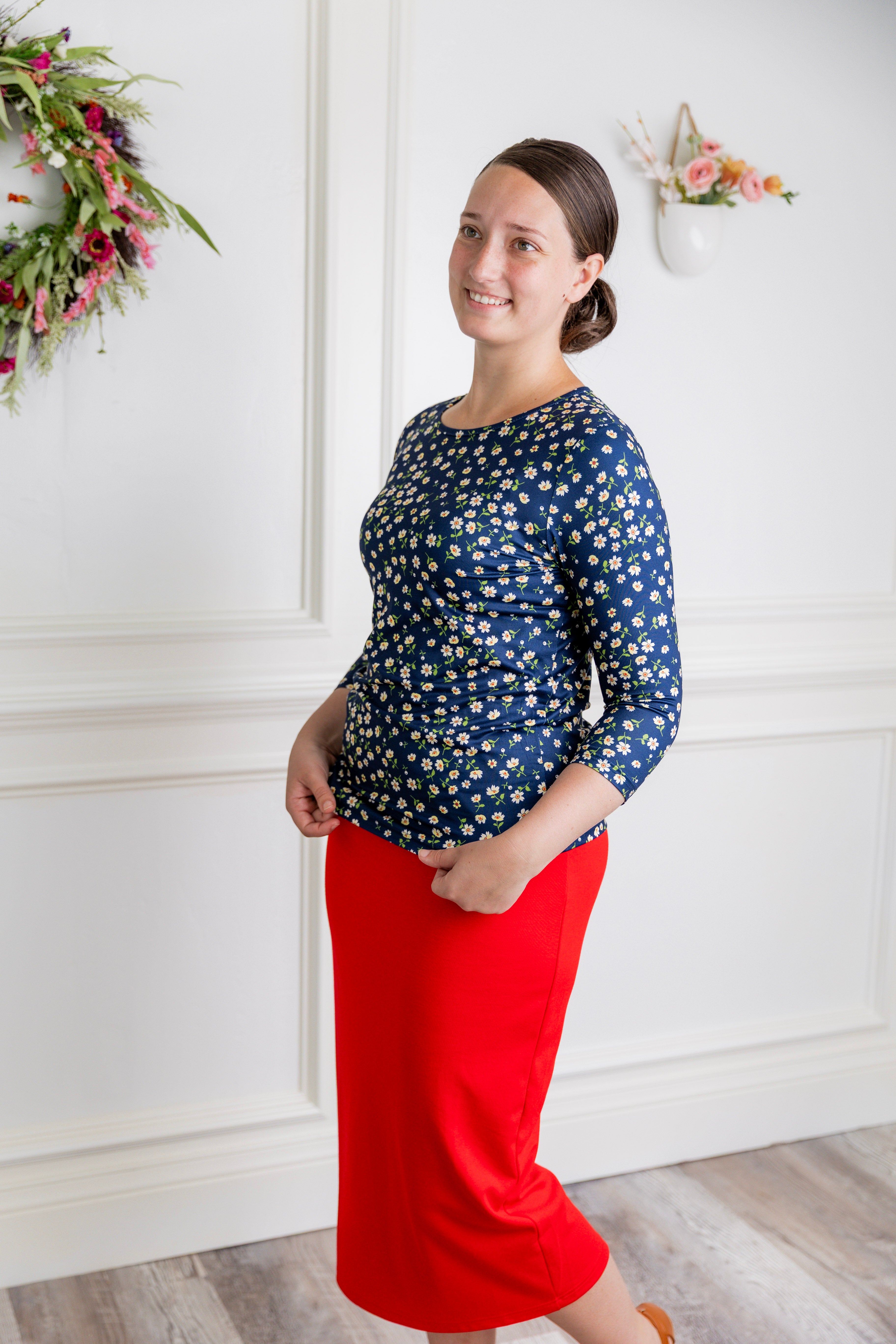 modest layering tee with 3/4 length sleeves prints