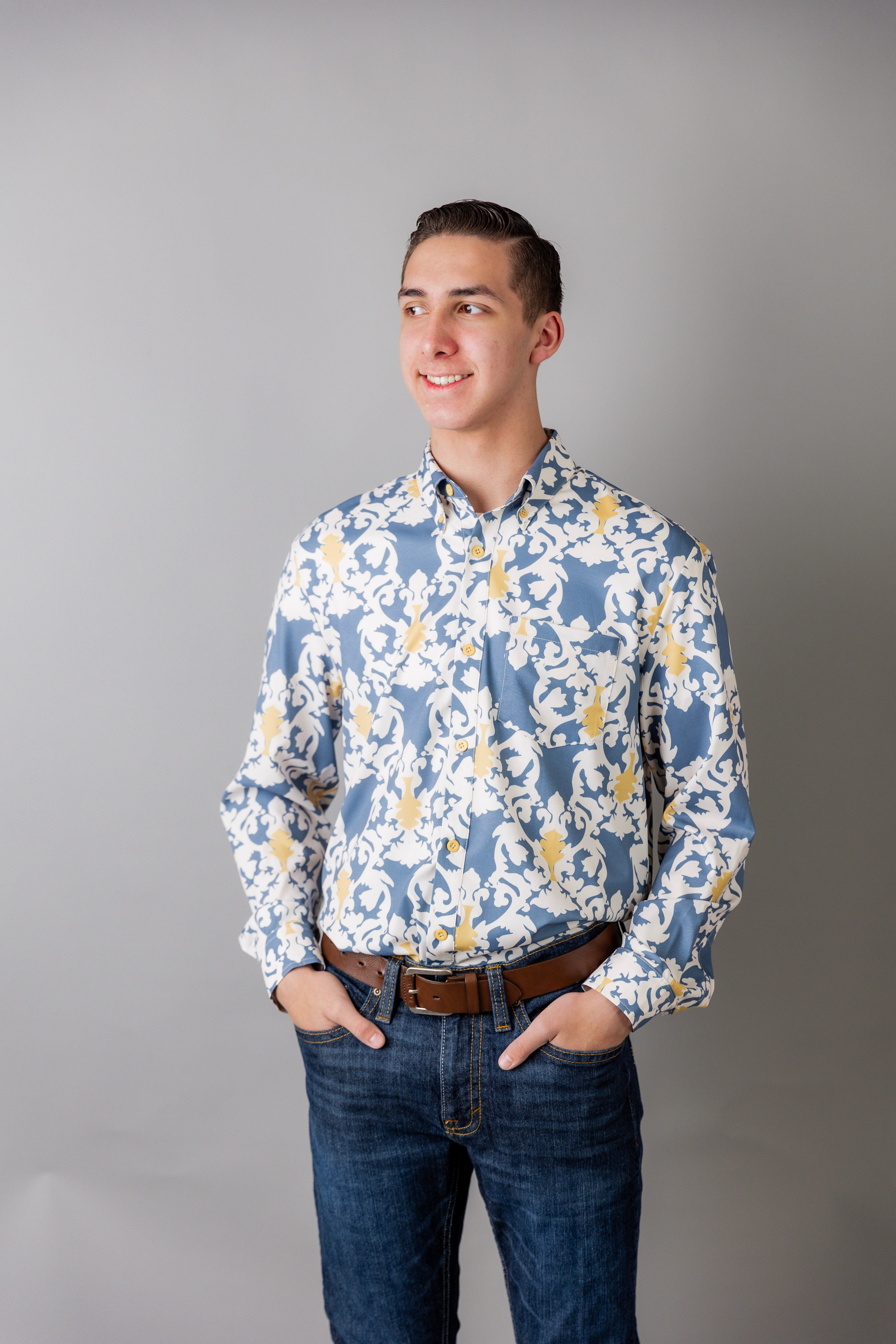 Model wearing Nuggles® Men's Button Down Shirt in Steel Damask