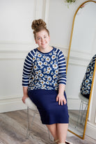 3/4 sleeve modest top contrasting prints