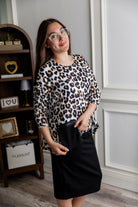Model wearing the Nuggles® Keegan Top in Honey Leopard print modest boutique top