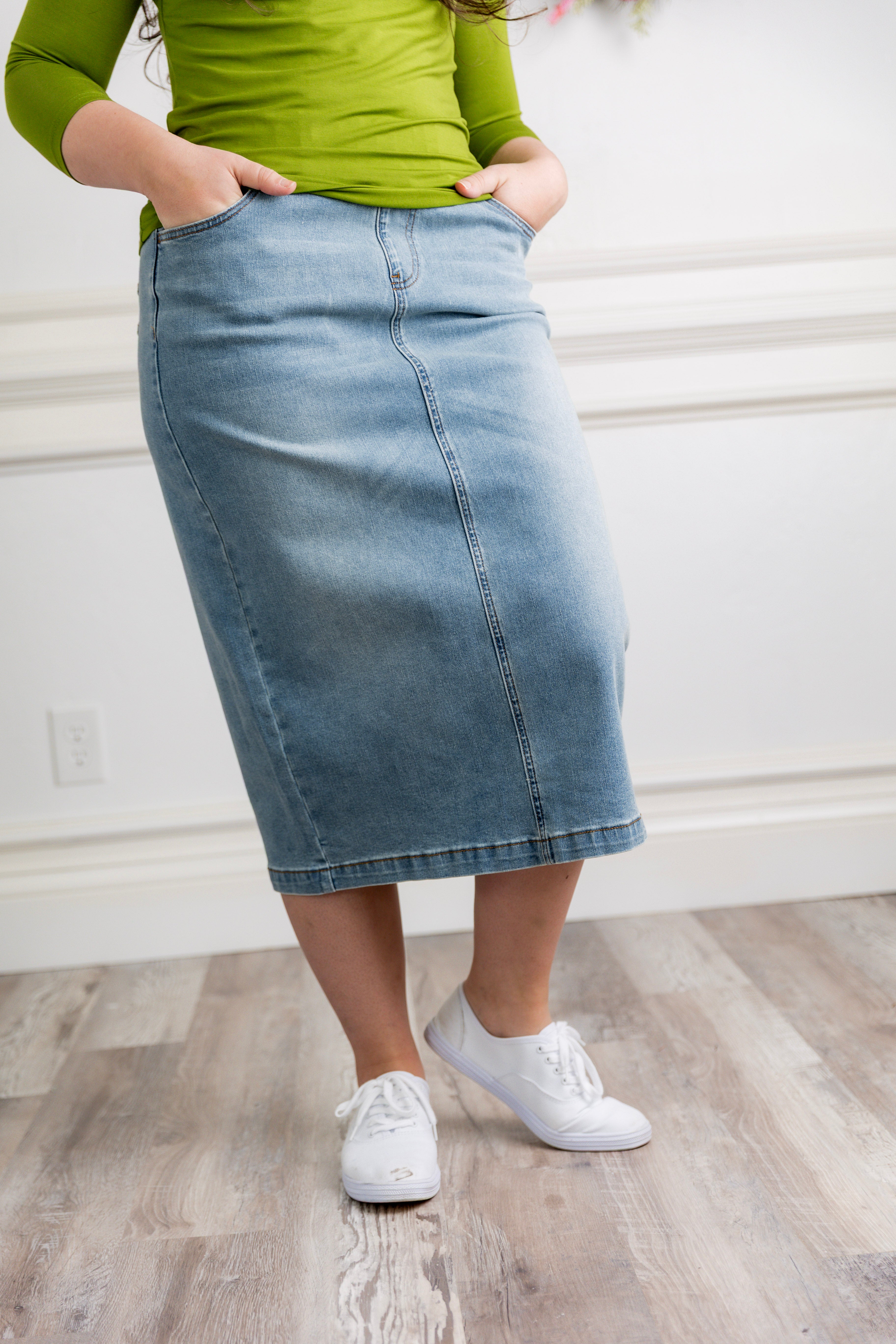modest denim skirts in 31" length 