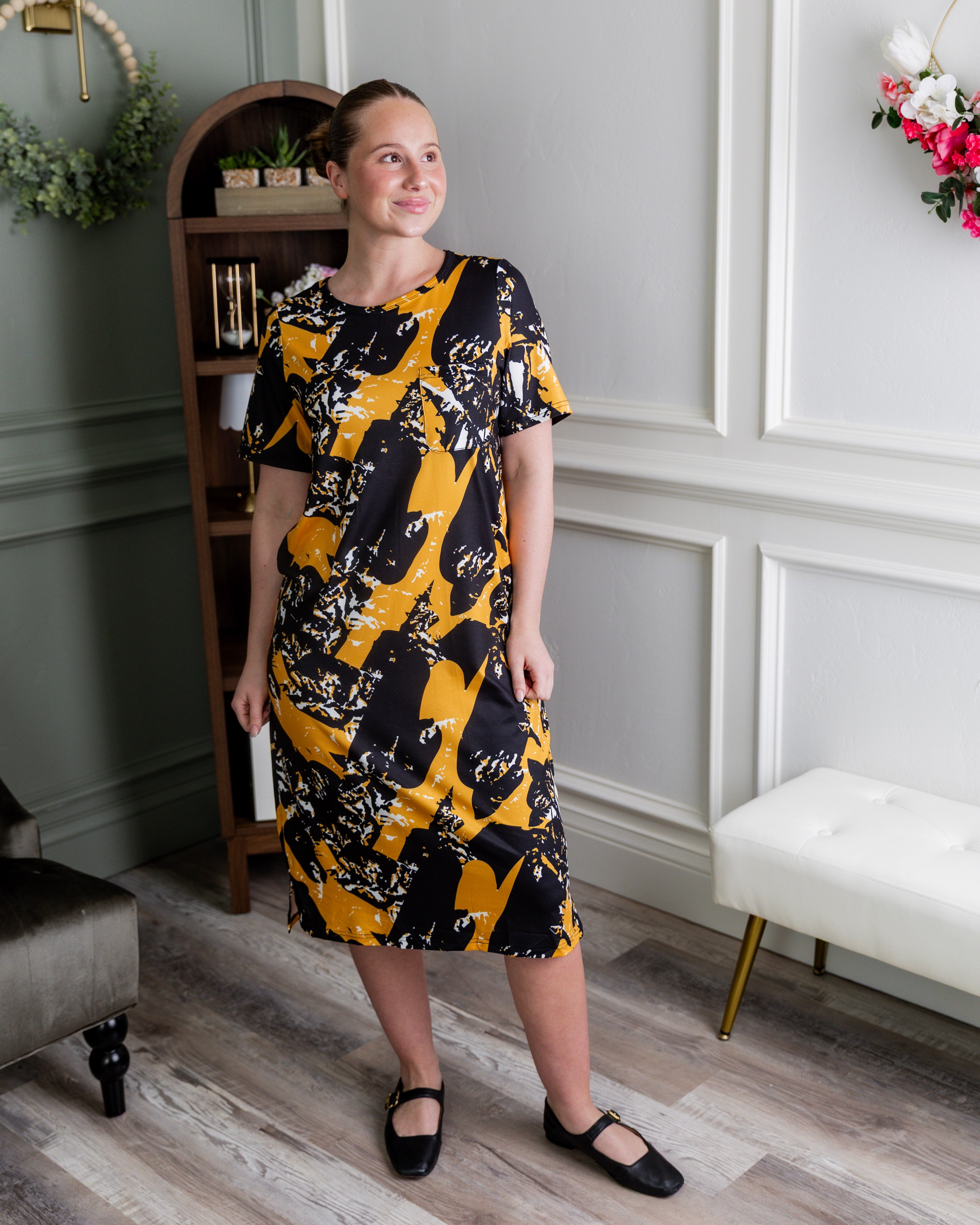 Model wearing Modest Nuggles® Aviva Dress in Golden Drift