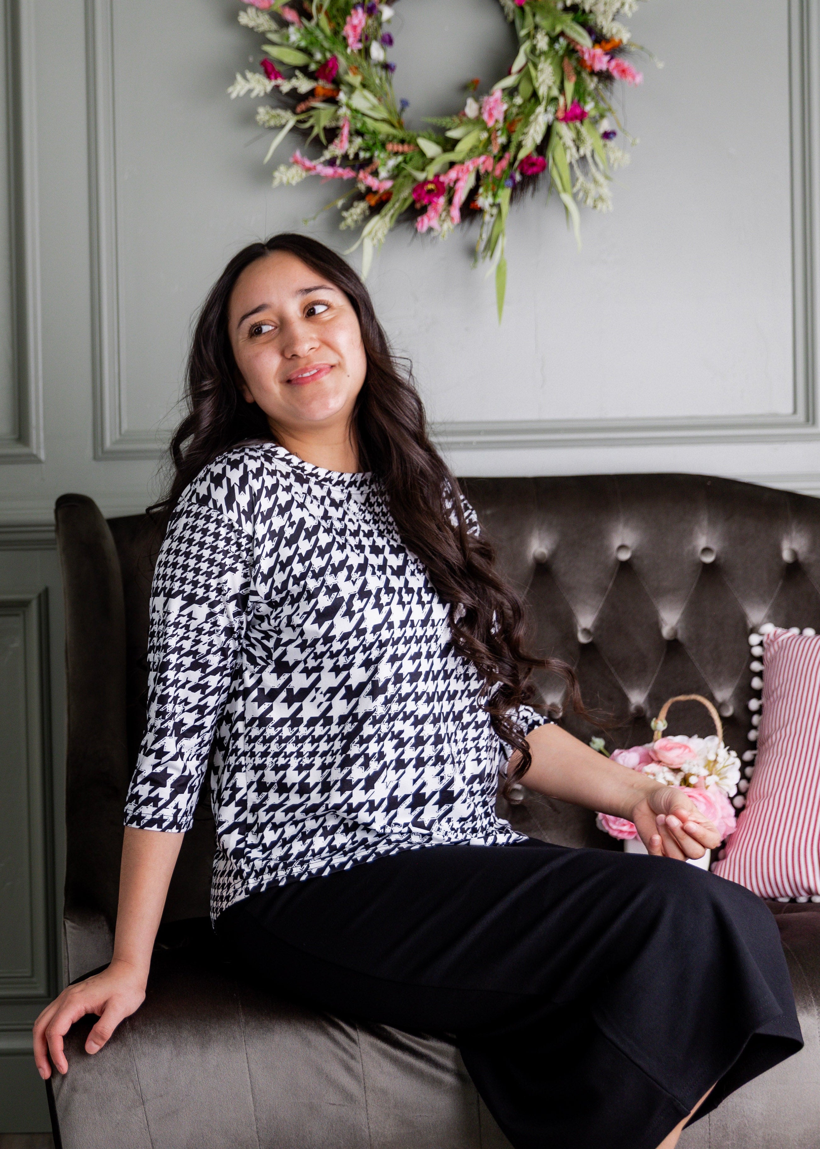 Model wearing the Nuggles® Lucia Top in Classic Charmer