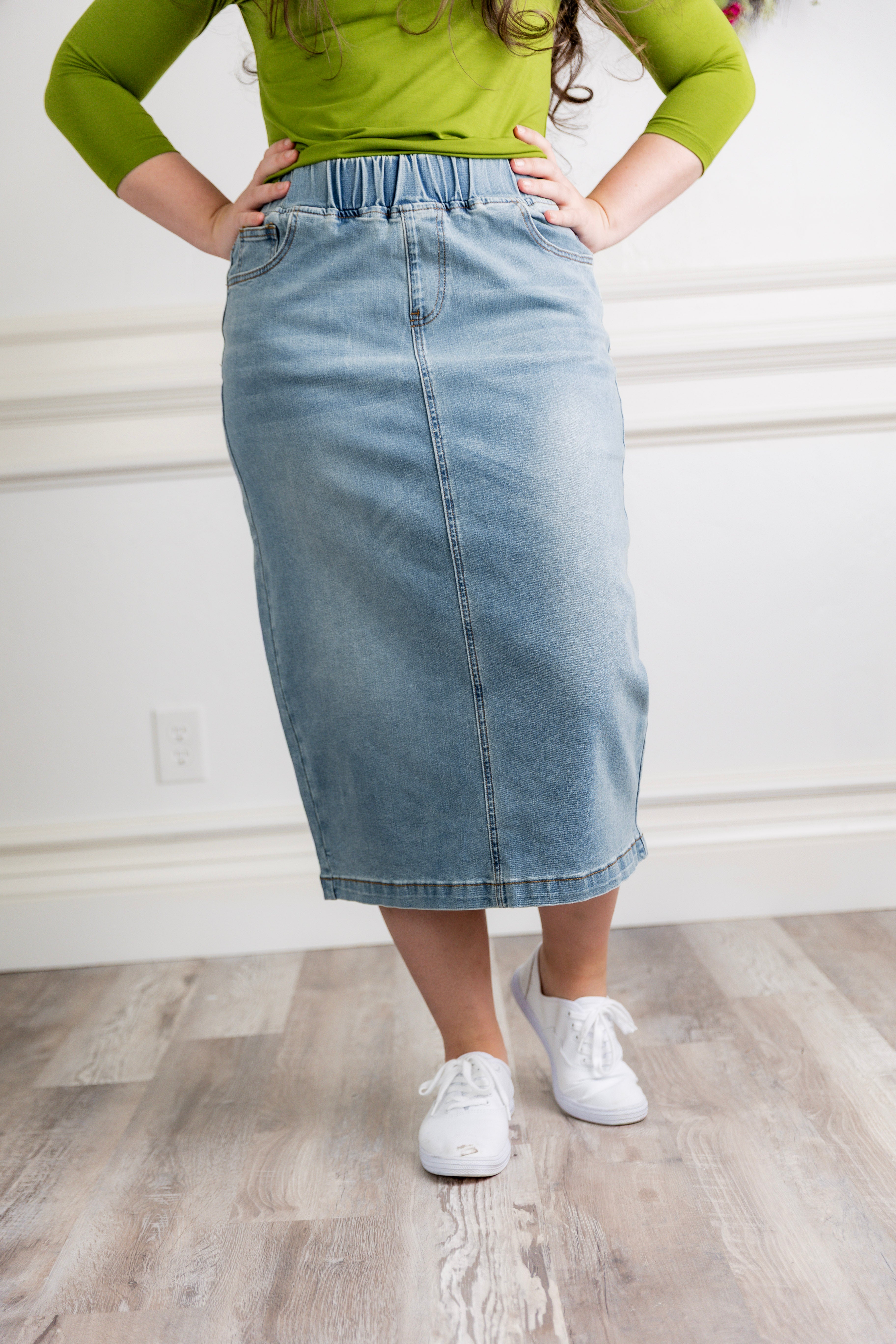 modest denim skirts in 31" length 