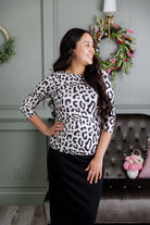 Model wearing Nuggles®  3/4 Essential Tee in Snow Leopard