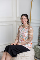 3/4 sleeve modest top contrasting prints