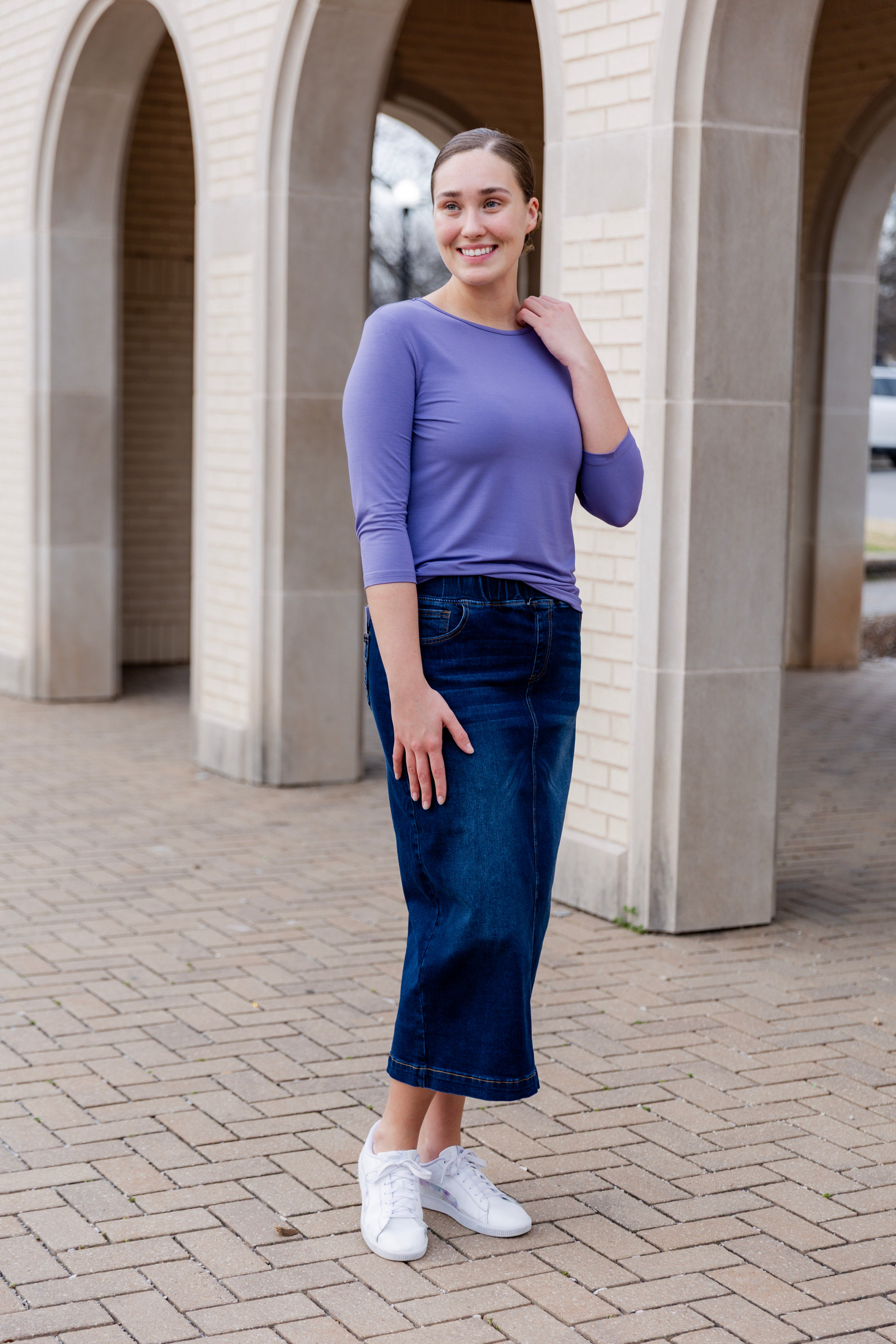 modest denim skirts in 34" length 