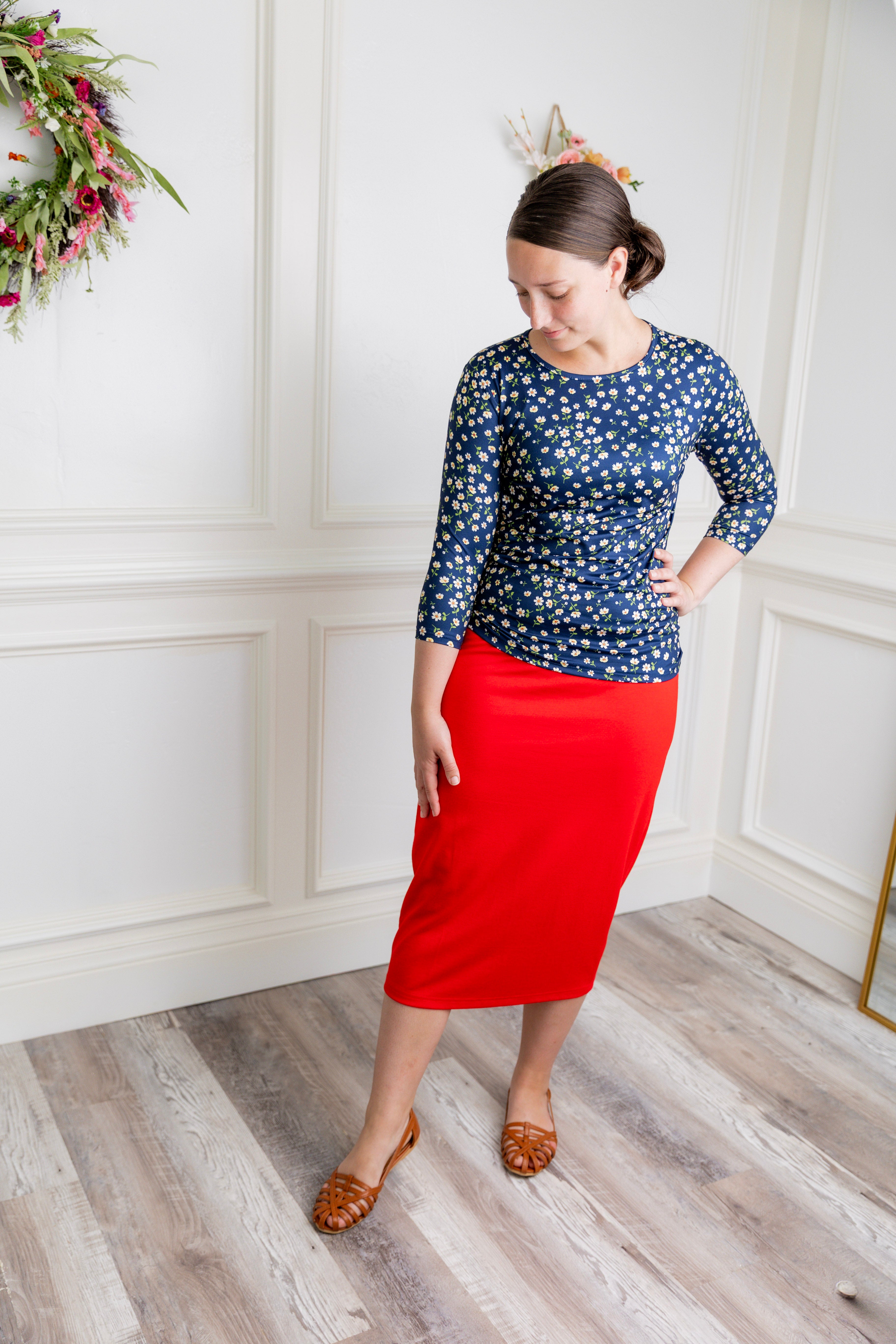 modest layering tee with 3/4 length sleeves prints