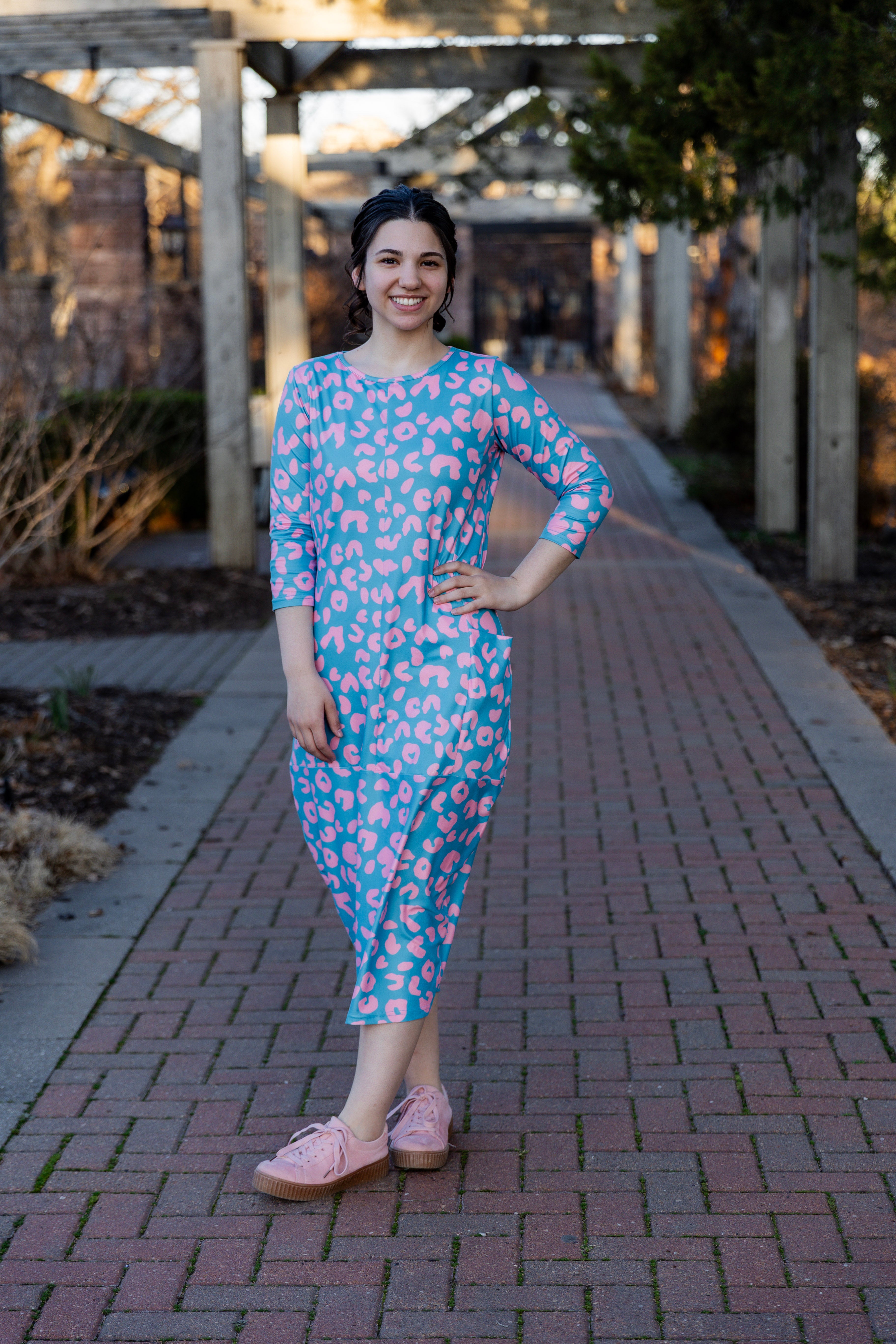 3/4 sleeve modest dress with pockets pretty prints