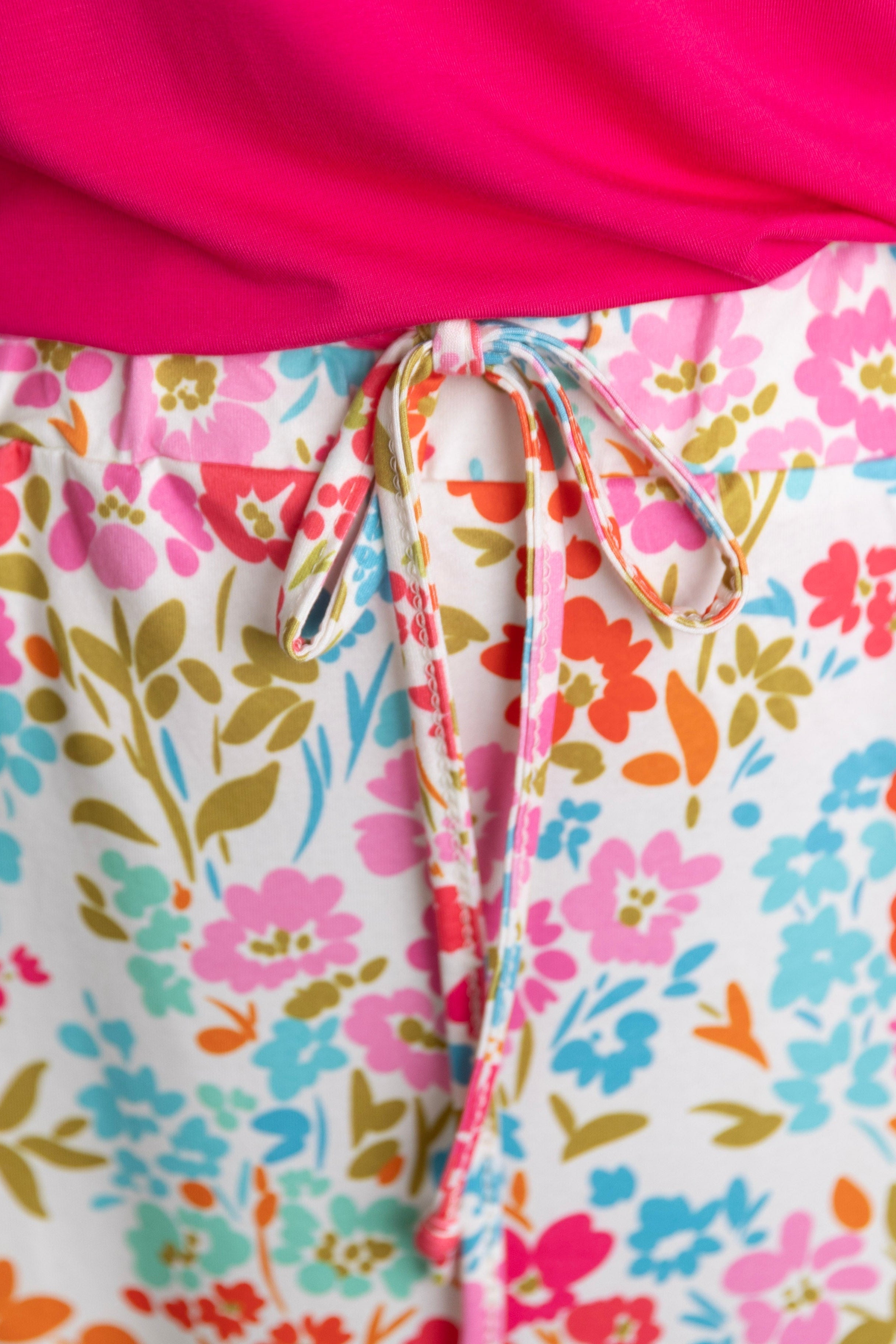 Model wearing Modest Nuggles® 27" Drawstring Skirt in Springtime Stroll