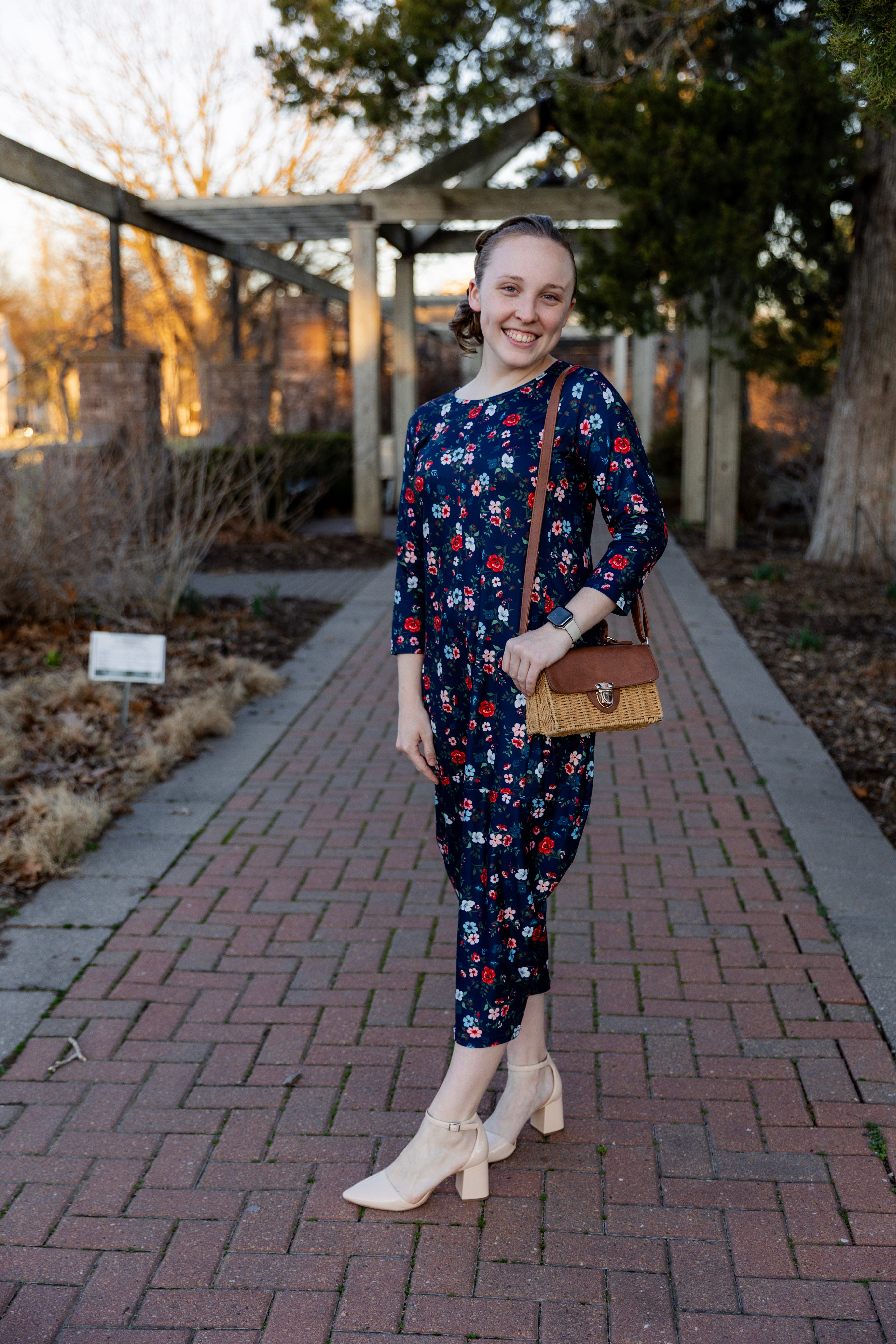 3/4 sleeve modest dress with pockets pretty prints
