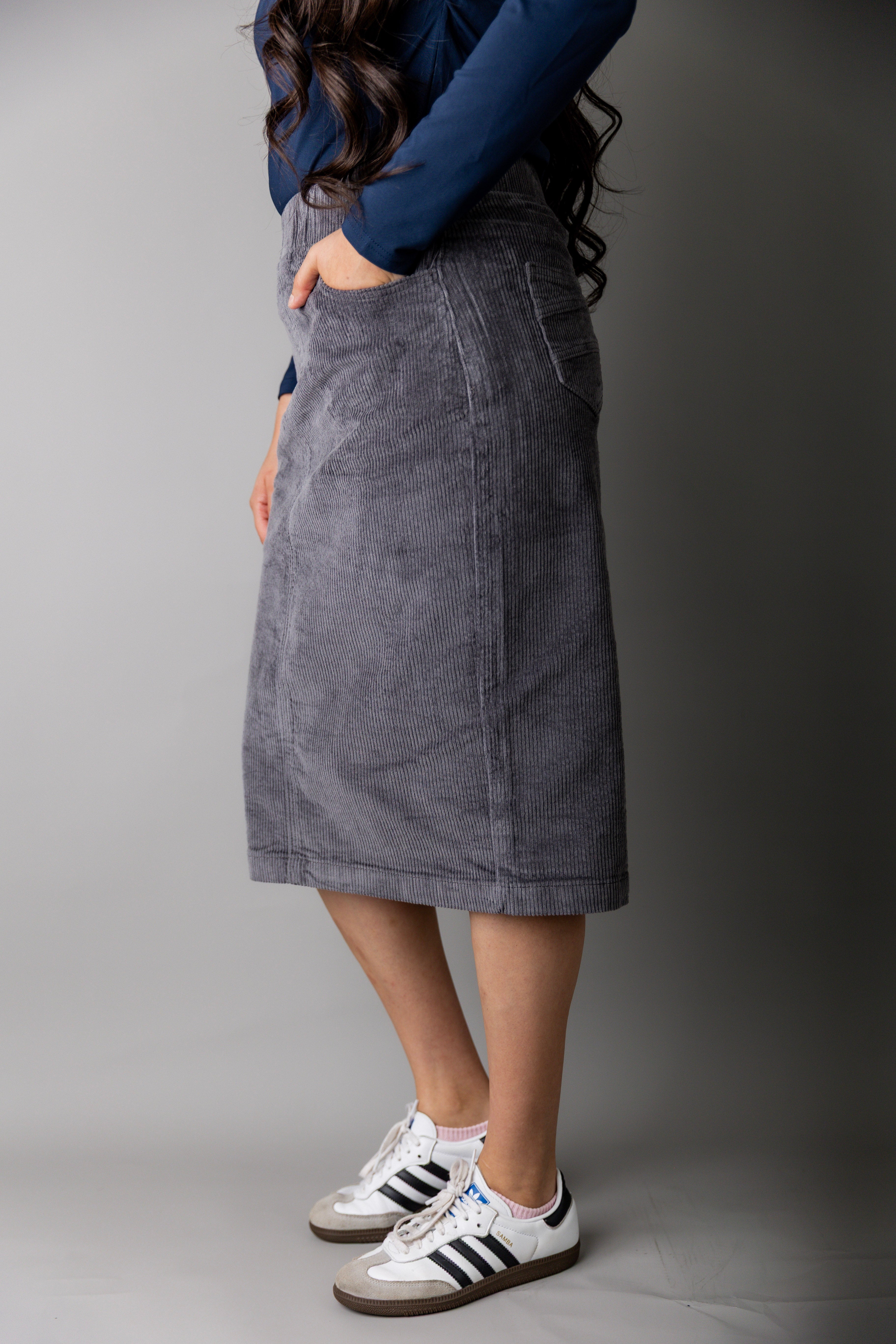 Model wearing Nuggles® 27-inch corduroy skirt