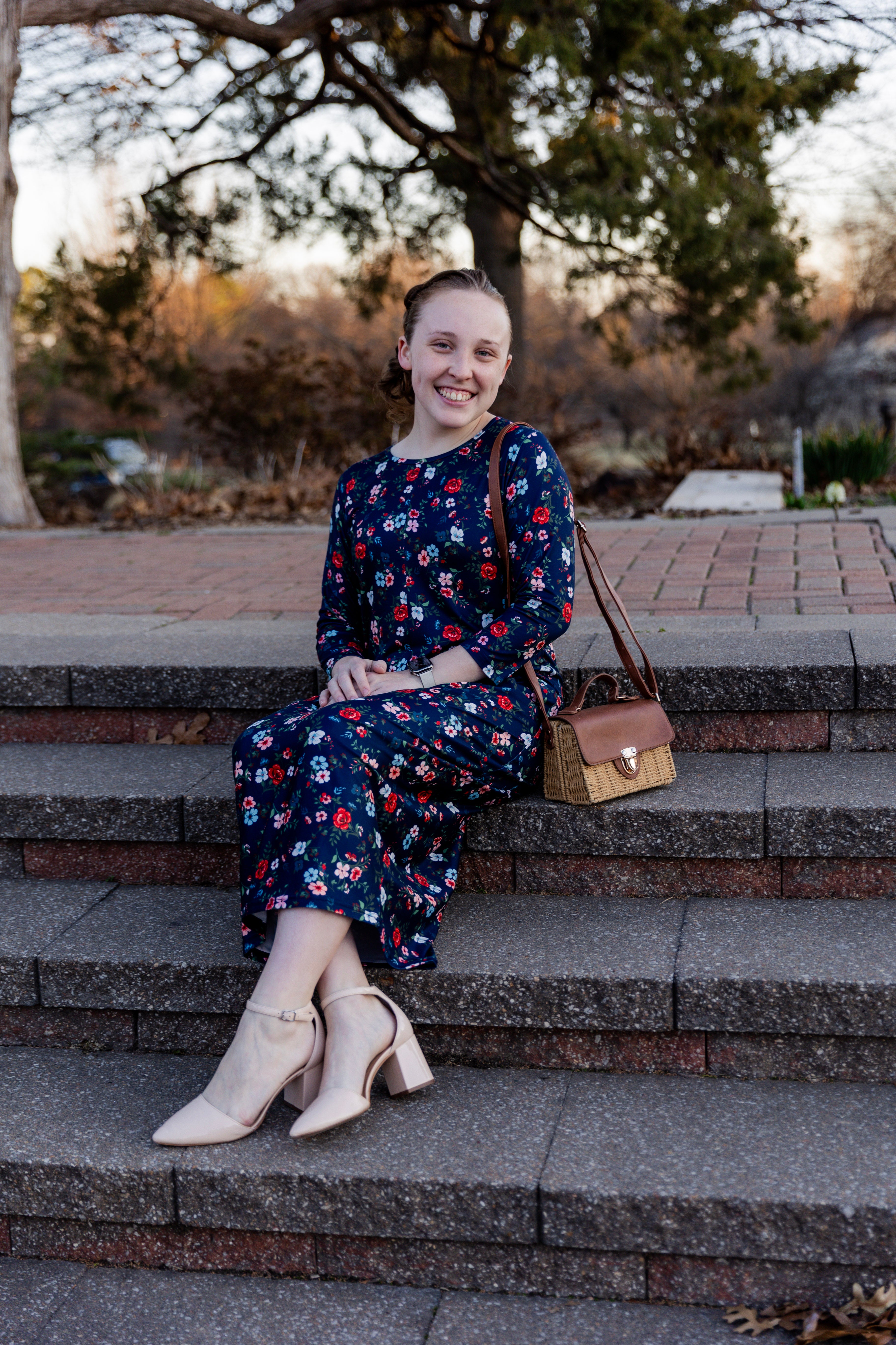 3/4 sleeve modest dress with pockets pretty prints