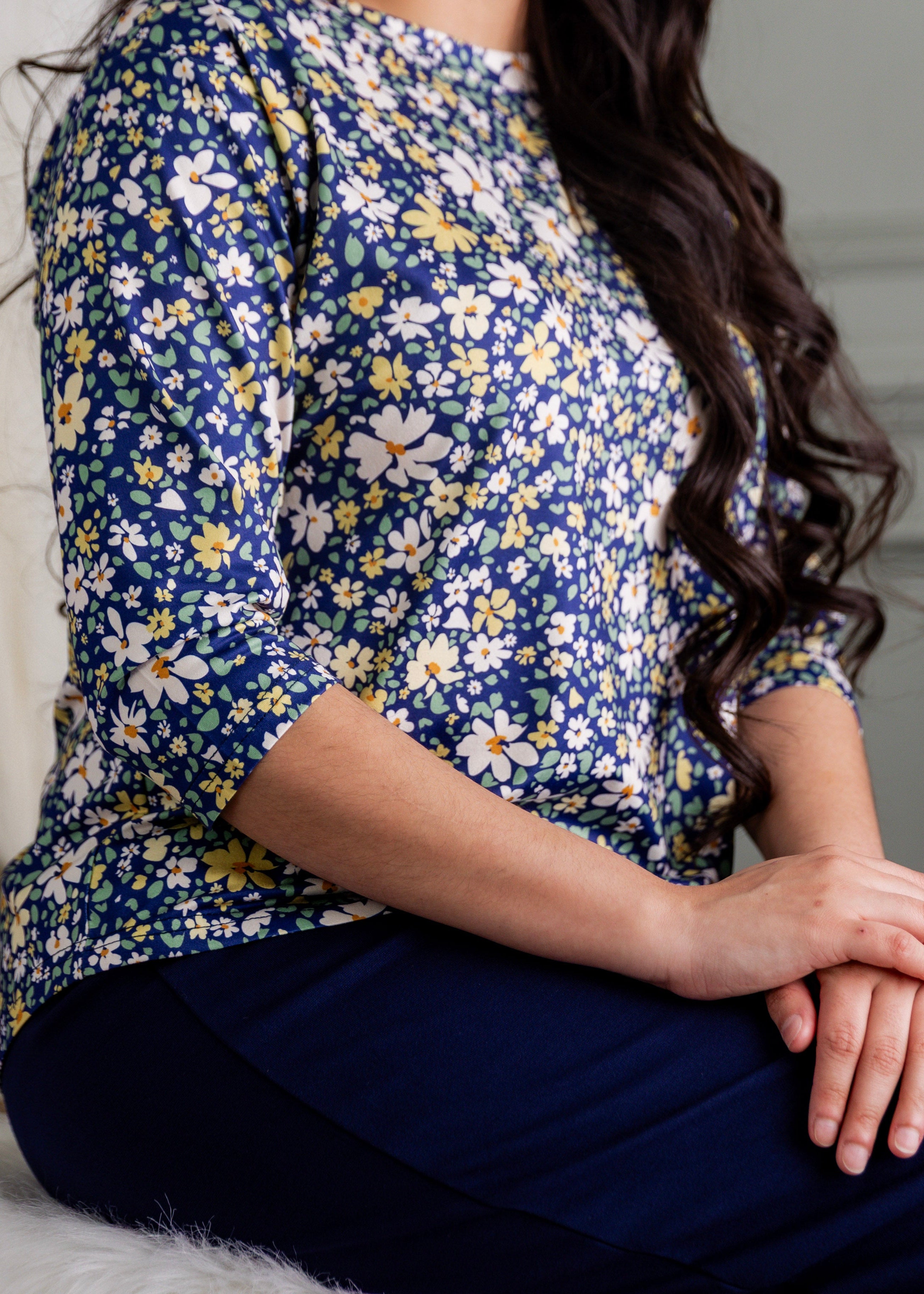 Model wearing the Nuggles® Lucia Top in Cottage Blue