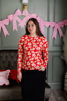 Model wearing Nuggles® Essential Long Sleeve Tee in Red Petal Party