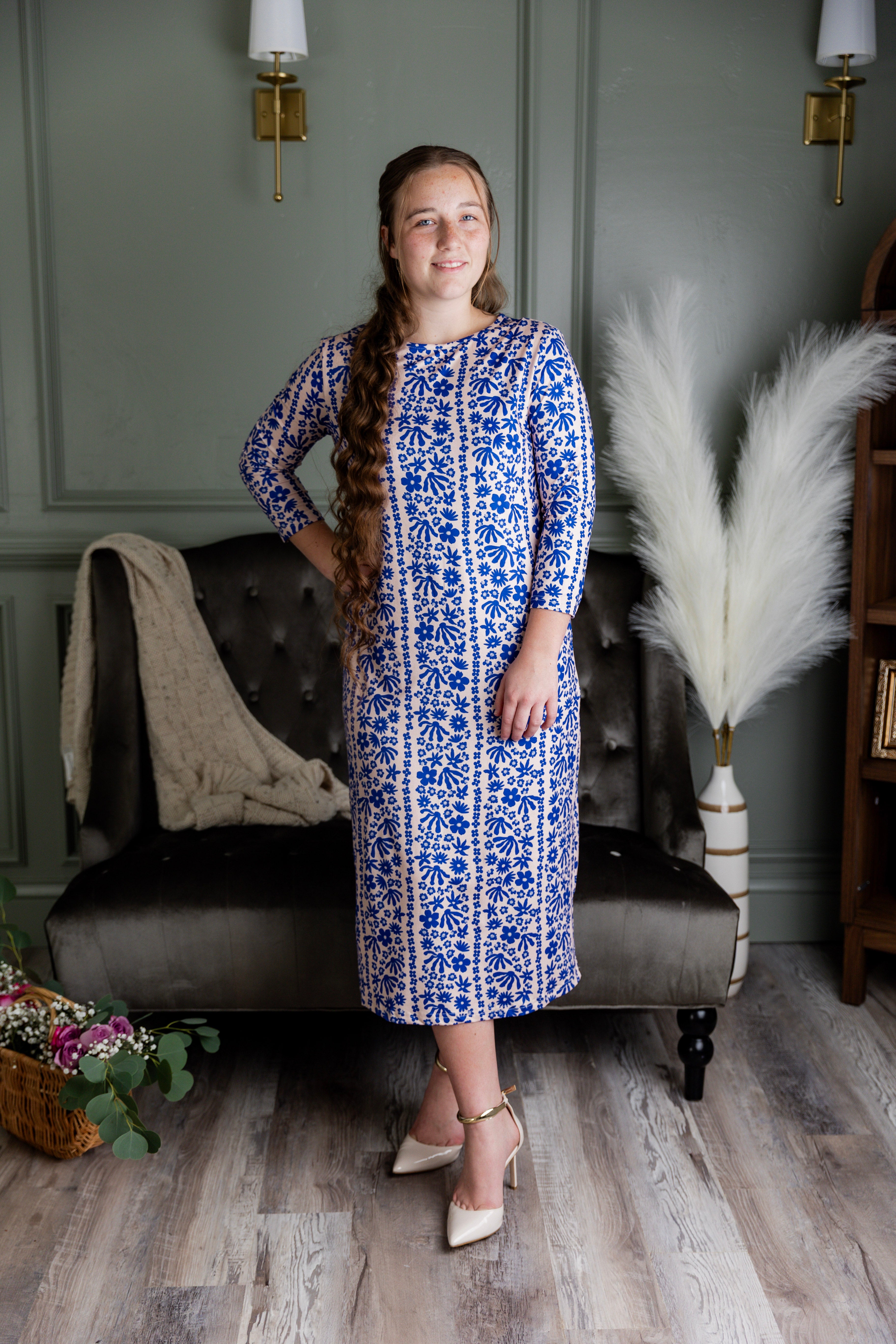 Model wearing Nuggles®  original midi layering dress in print