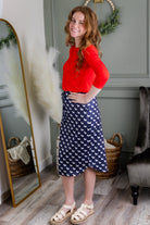 Model wearing Modest Nuggles® 27" Drawstring Skirt in Doggy Doodles 