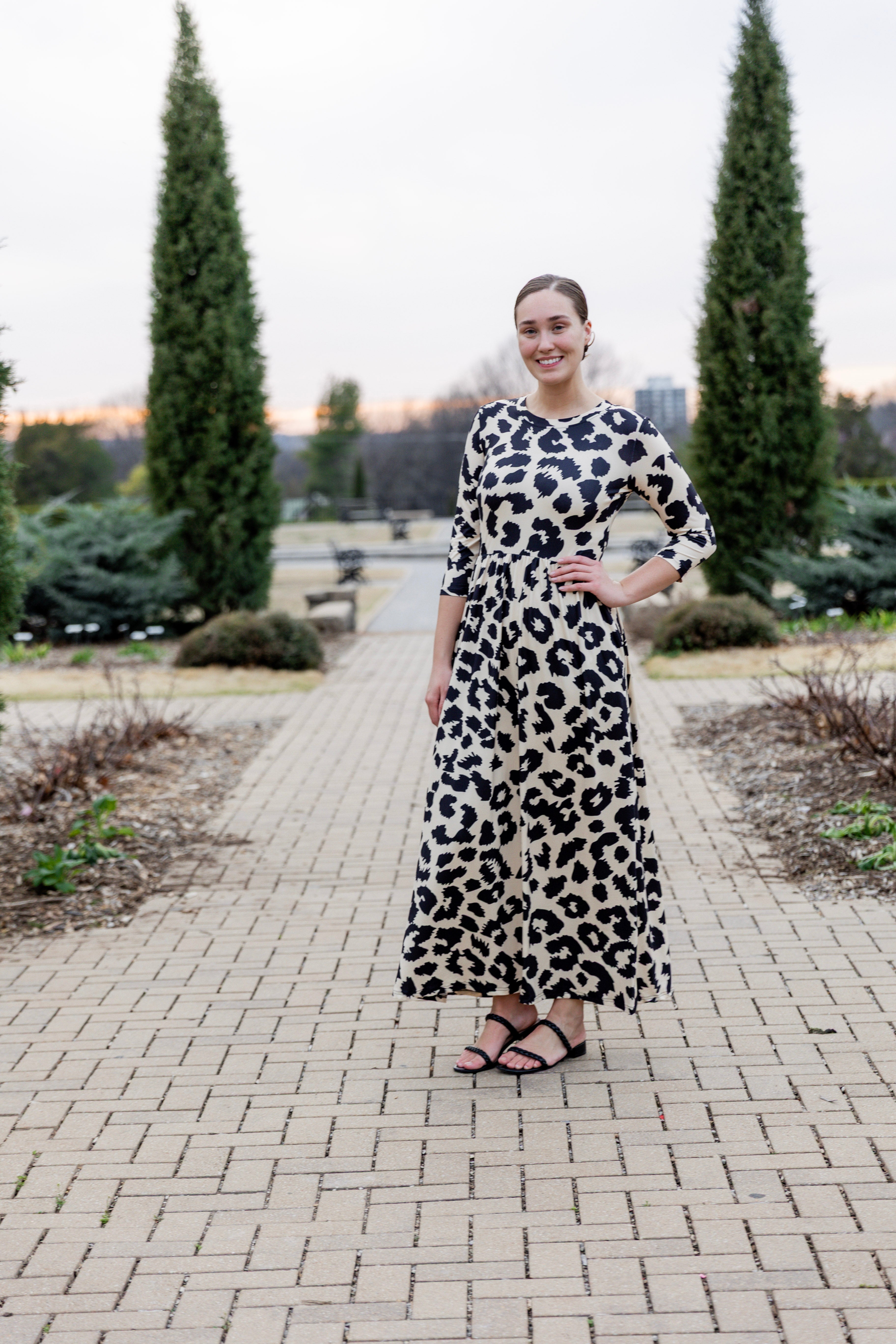 modest maxi dress pretty prints with 3/4 sleeve