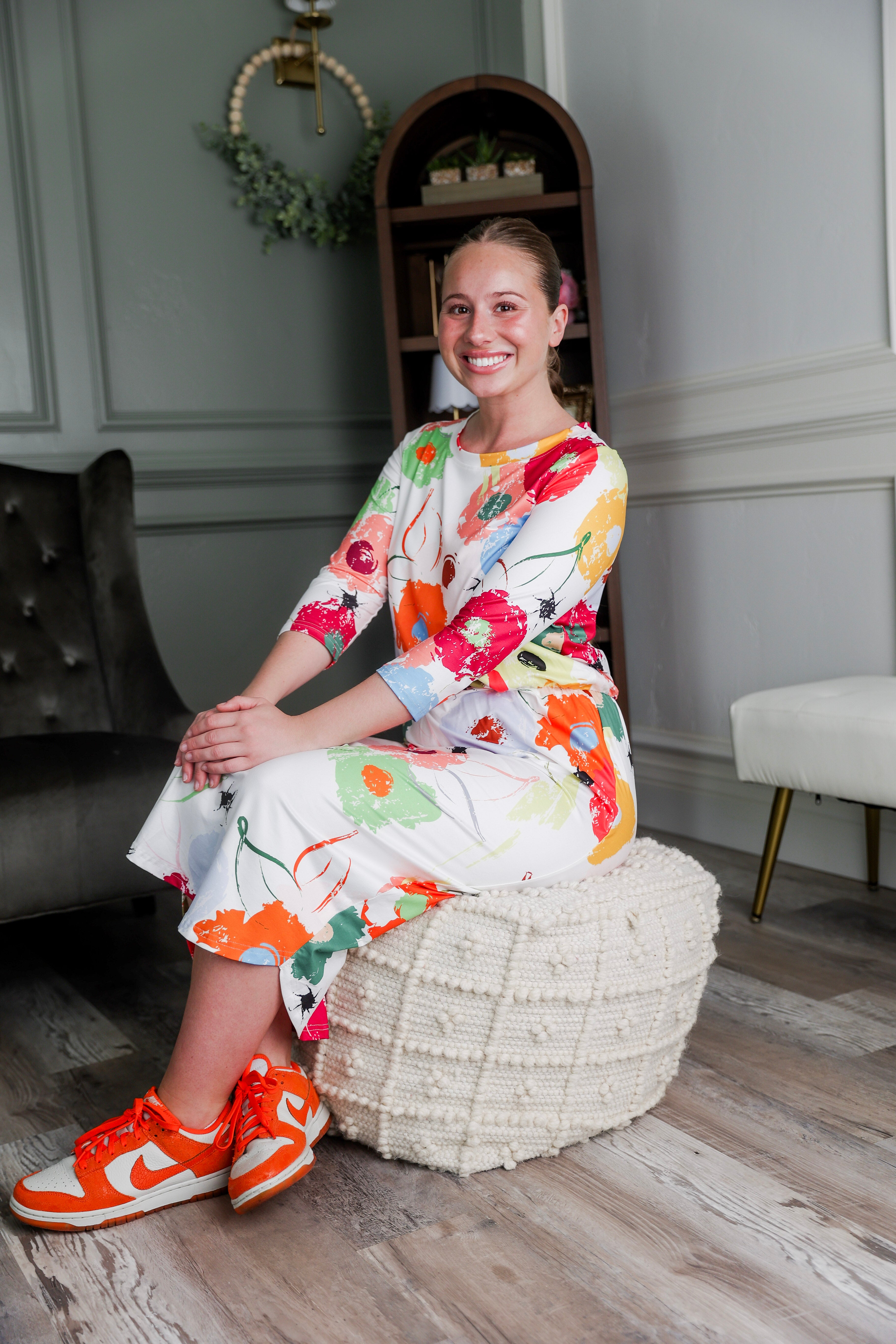 Model wearing Modest Nuggles® Harper Jane Dress in Party Blooms
