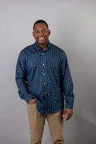 Model wearing Nuggles® Men's Button Down Shirt in Pinstripe Ditsy