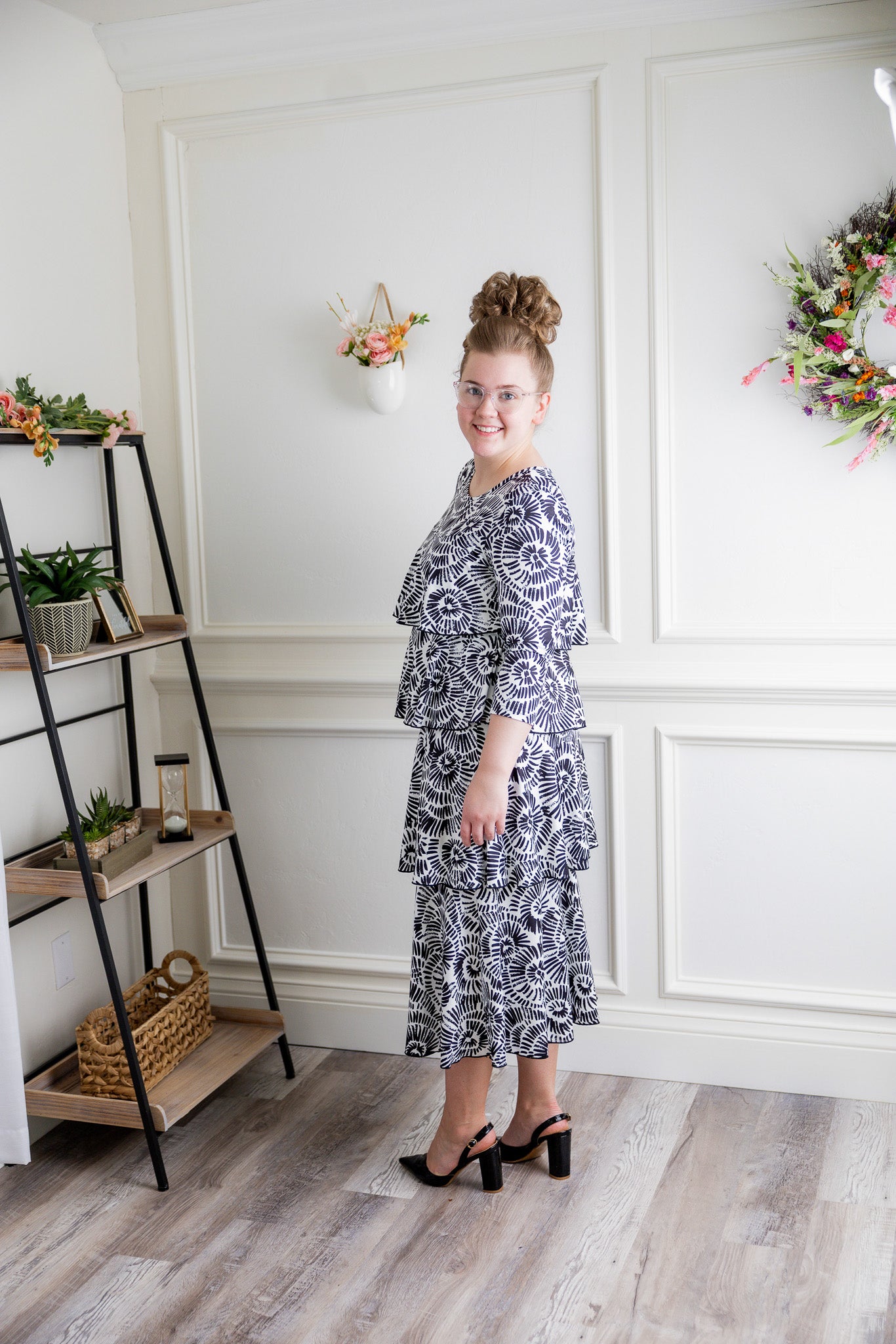 Model wearing the Olivia Dress in soft, modest fabric – timeless, ruffle-free design ideal for church, work, or everyday wear