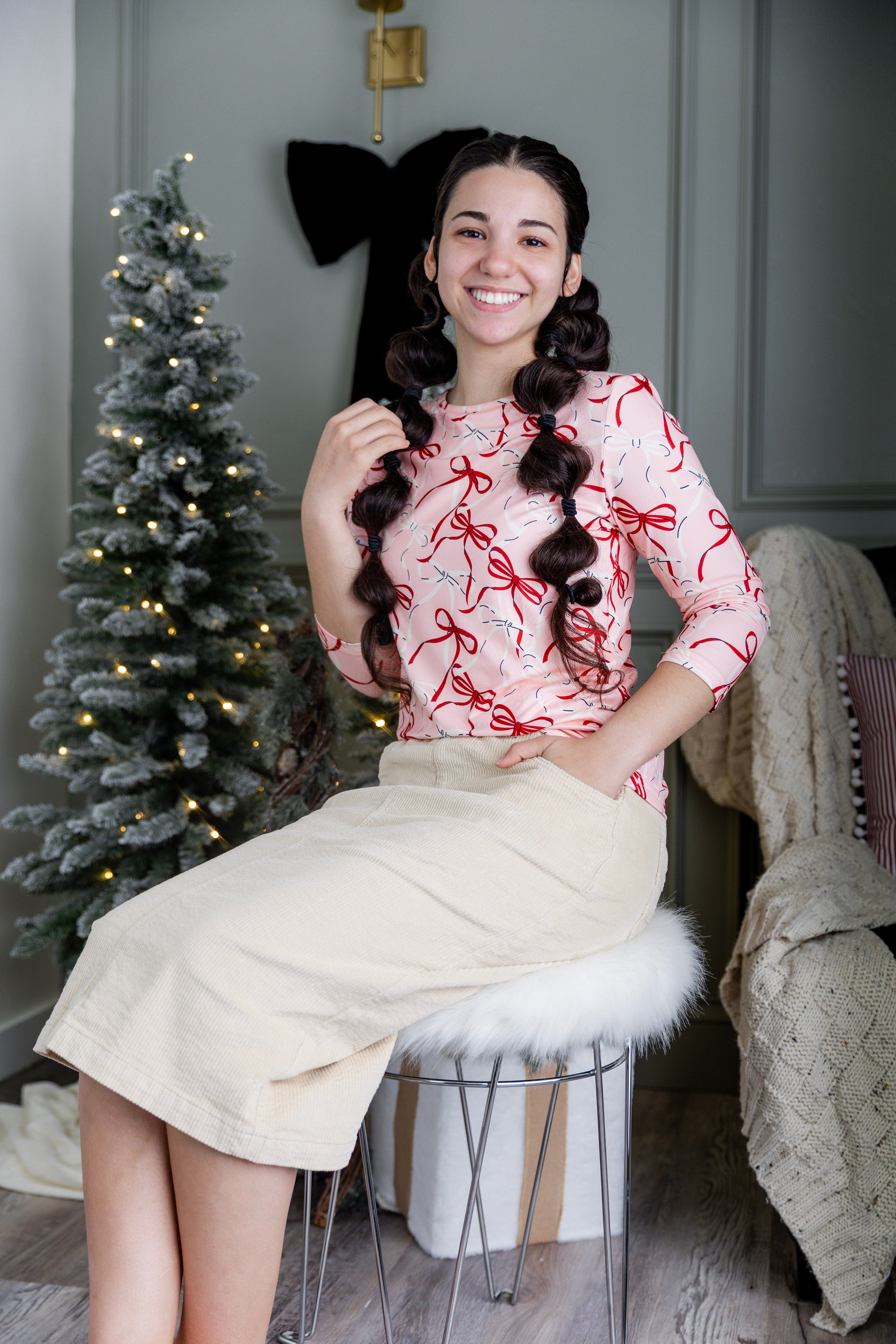 Model wearing Nuggles® 27-inch corduroy skirt