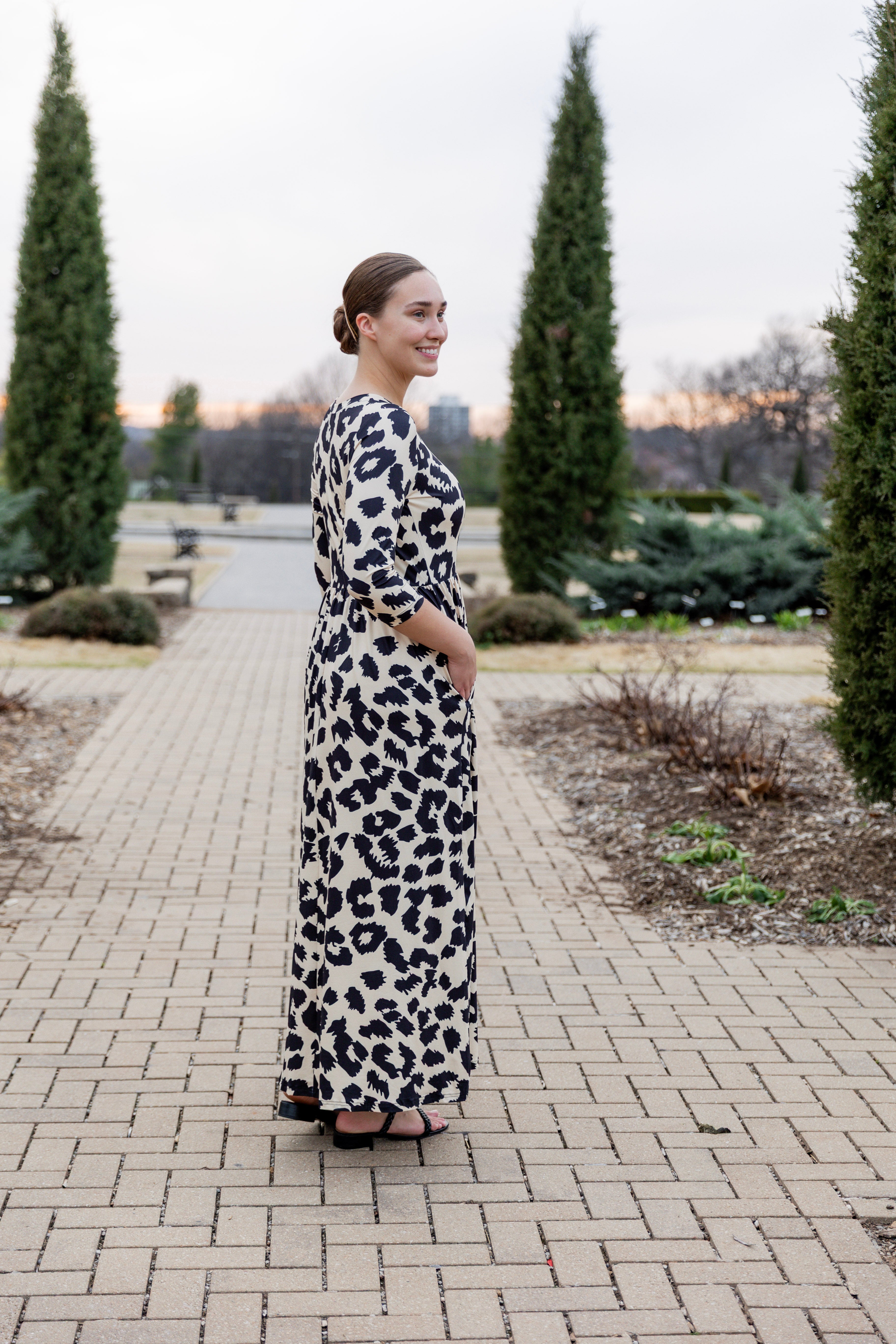 modest maxi dress pretty prints with 3/4 sleeve