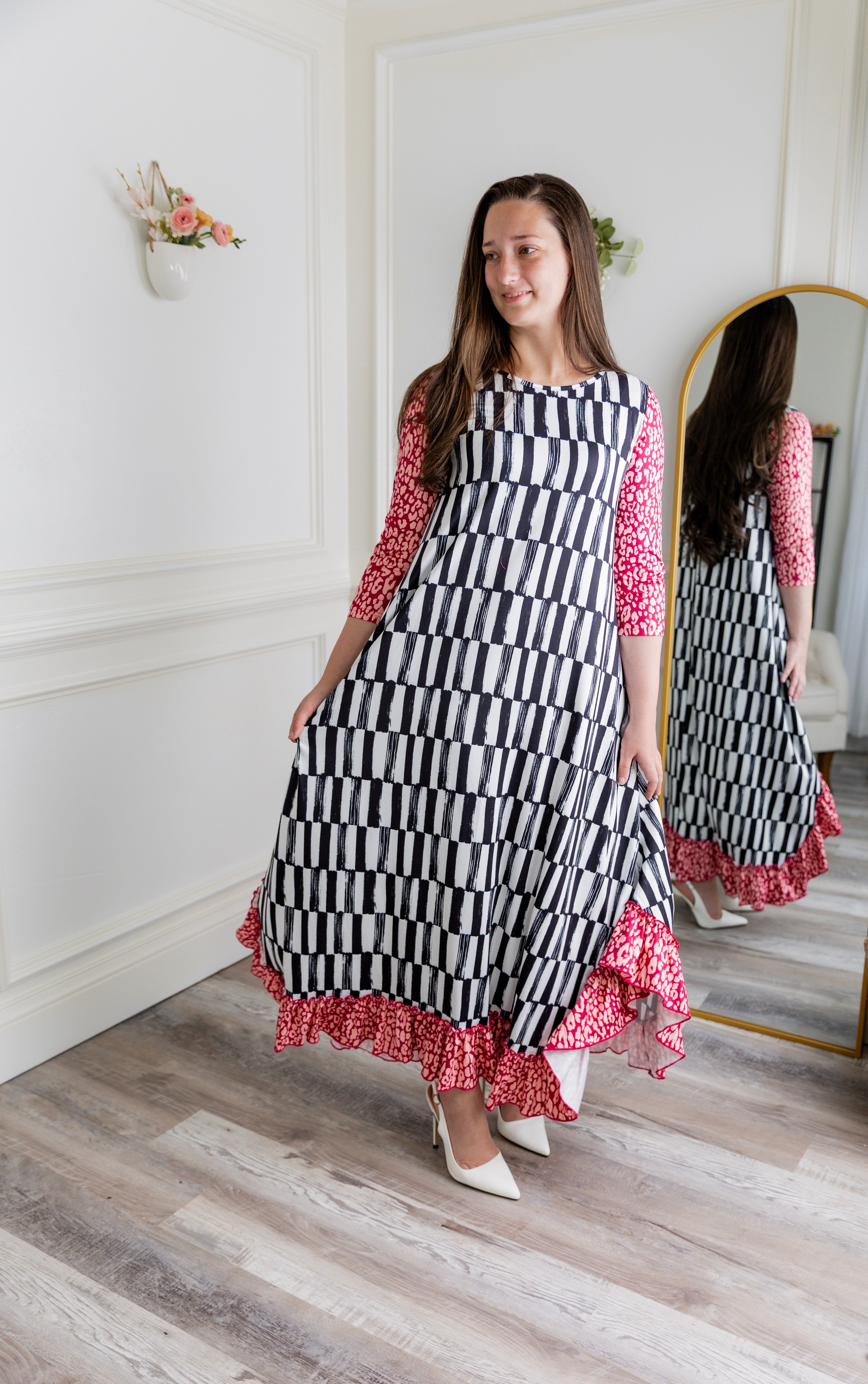 long modest ruffle dress prints mommy and me