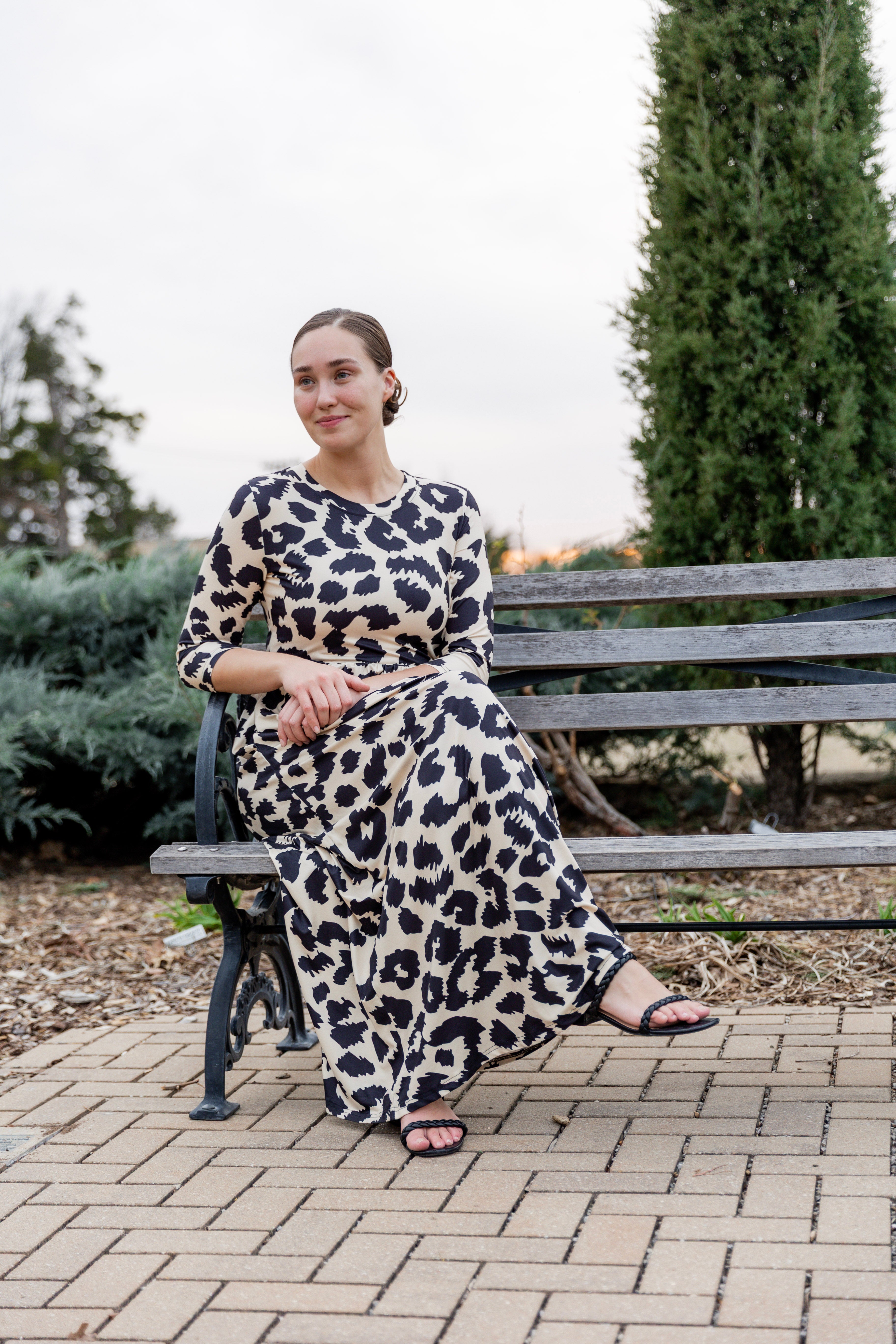 modest maxi dress pretty prints with 3/4 sleeve