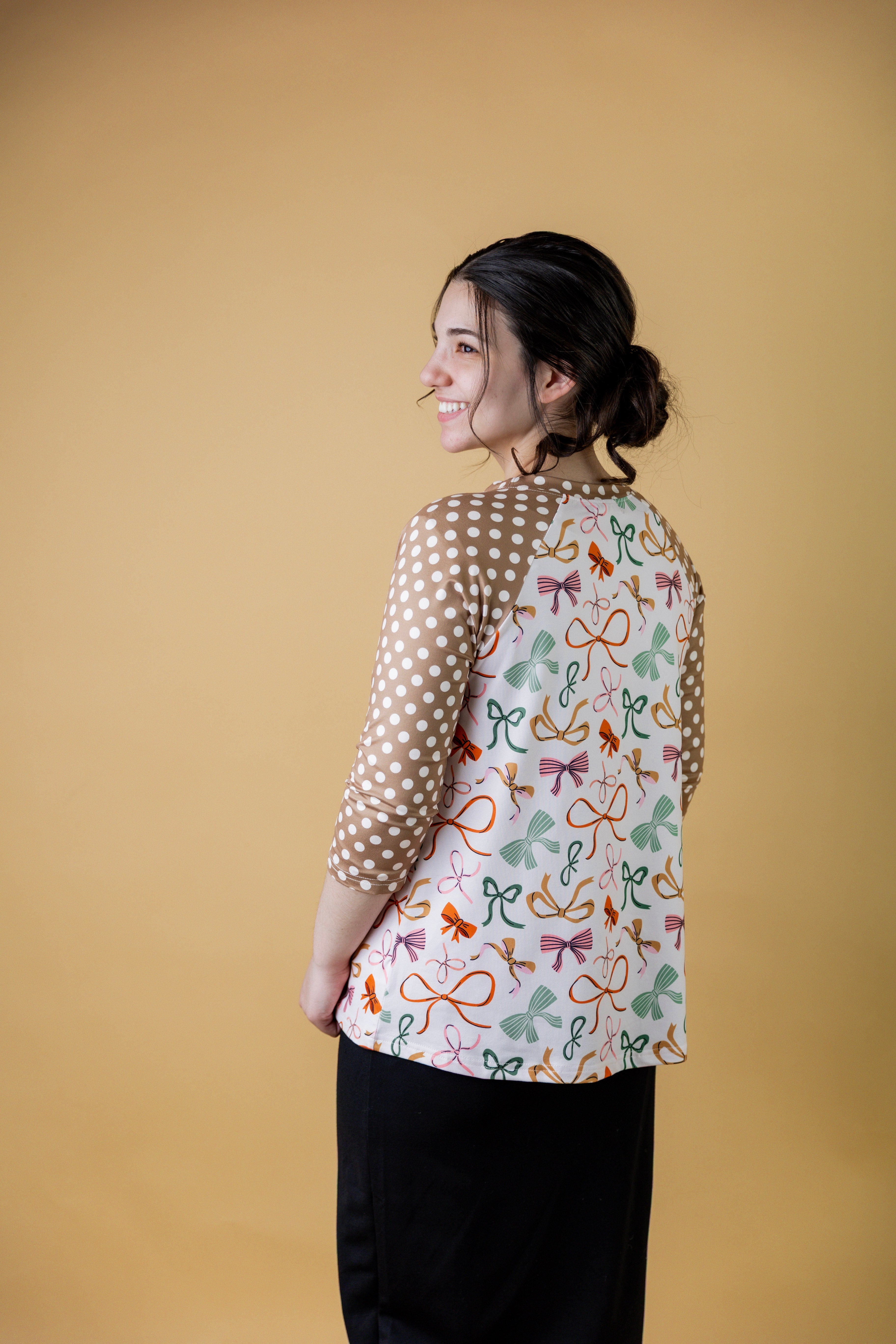3/4 sleeve modest top contrasting prints
