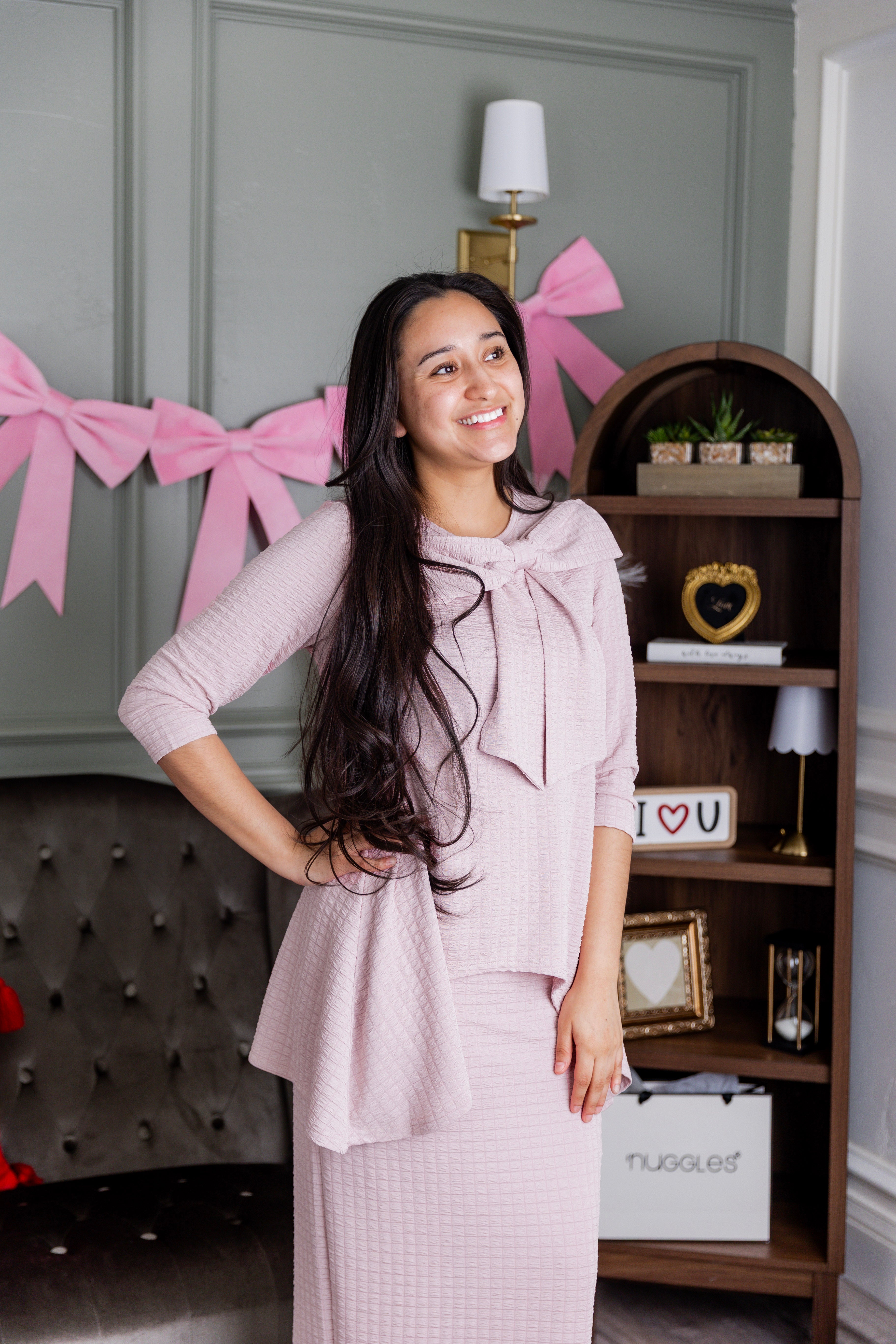 Model wearing Nuggles® Eleanor Top in Pink