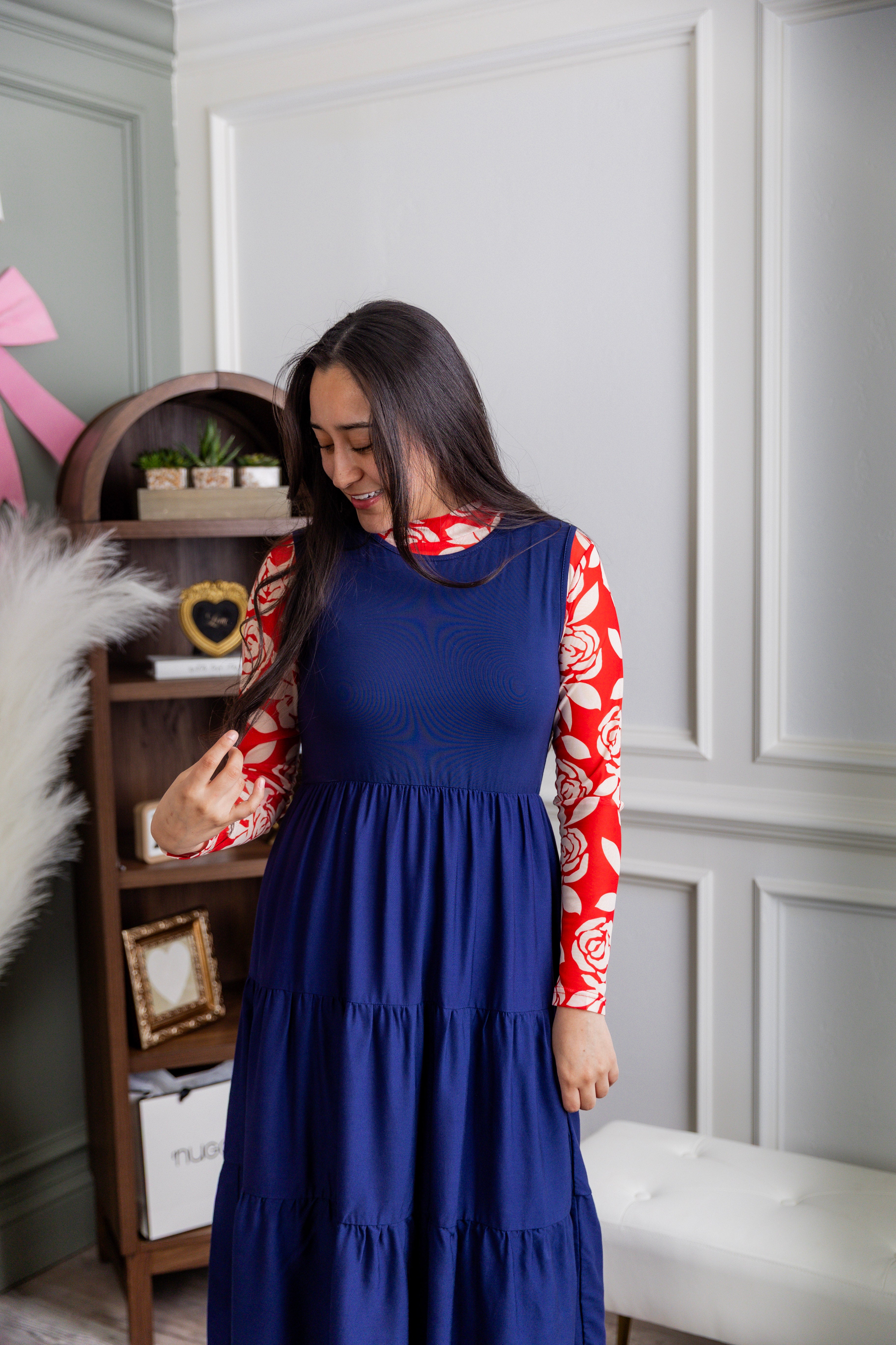 Model wearing Nuggles® Mesh Tee top in Rosie Rouge