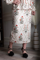 Model wearing modest Nuggles® 31" Lined Pencil Skirt in Ivory Spring 