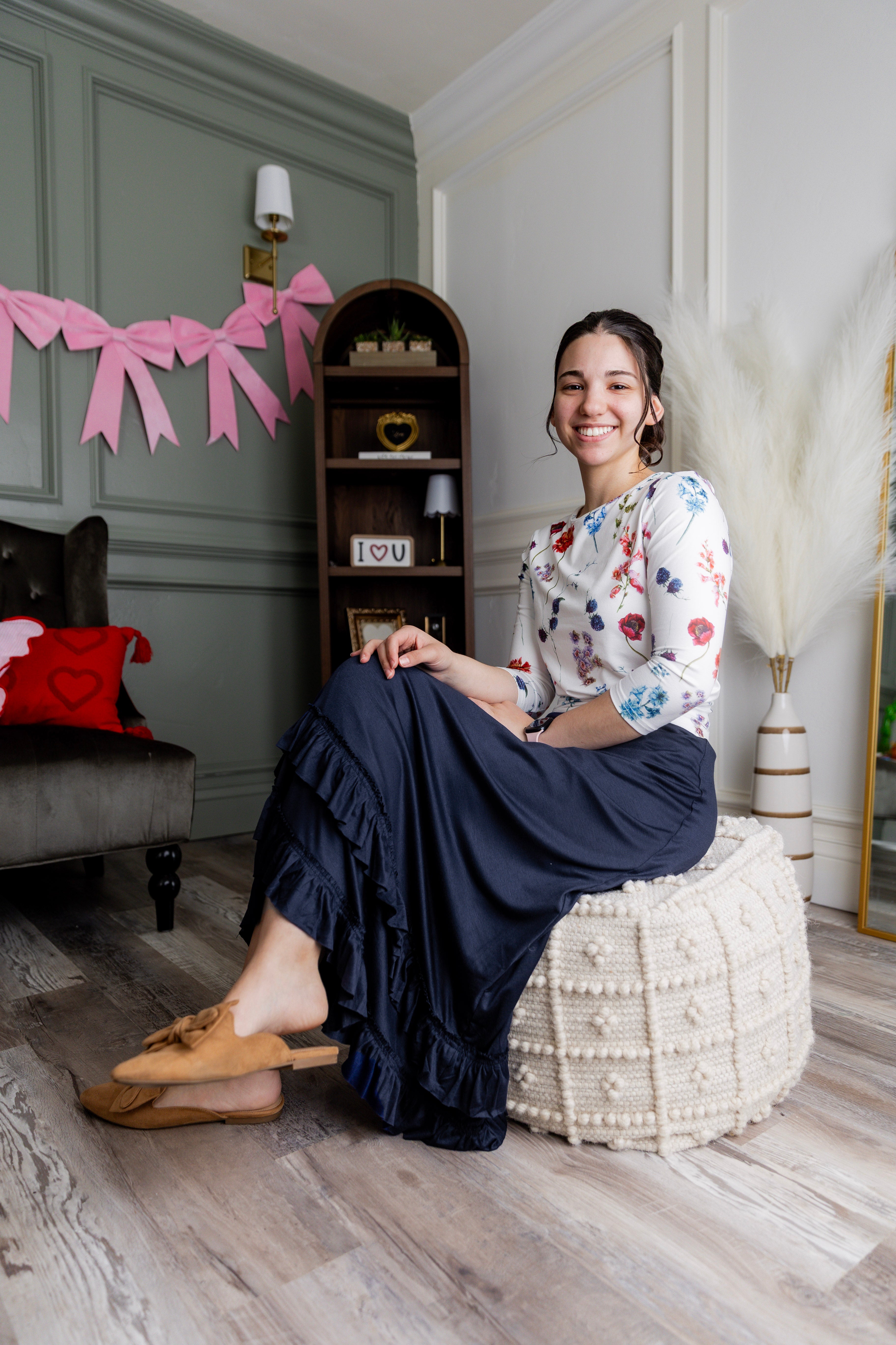 Model wearing Nuggles® Callie Skirt in Navy modest skirt