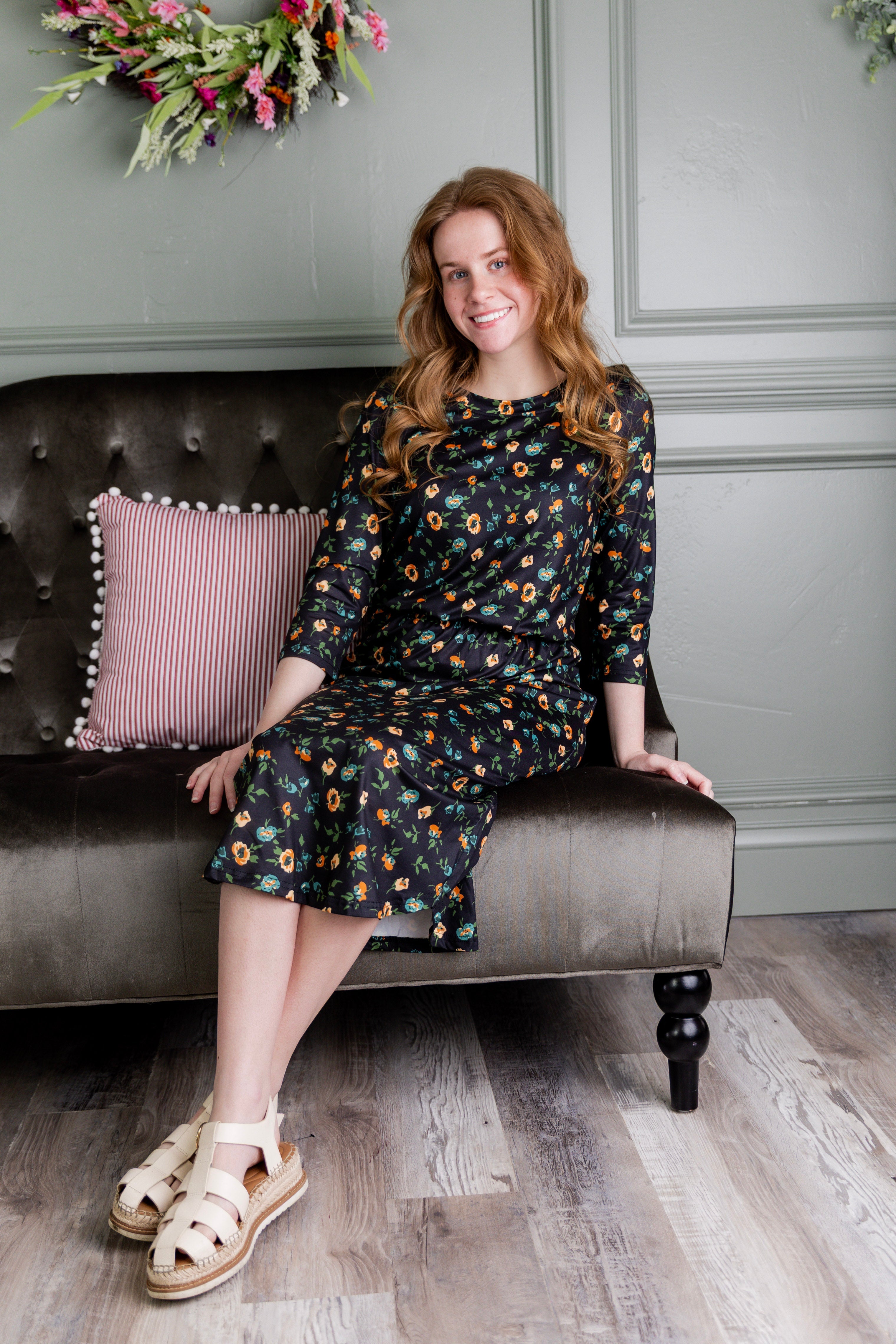 Model wearing Modest Nuggles® Harper Jane Dress in Wildflowers