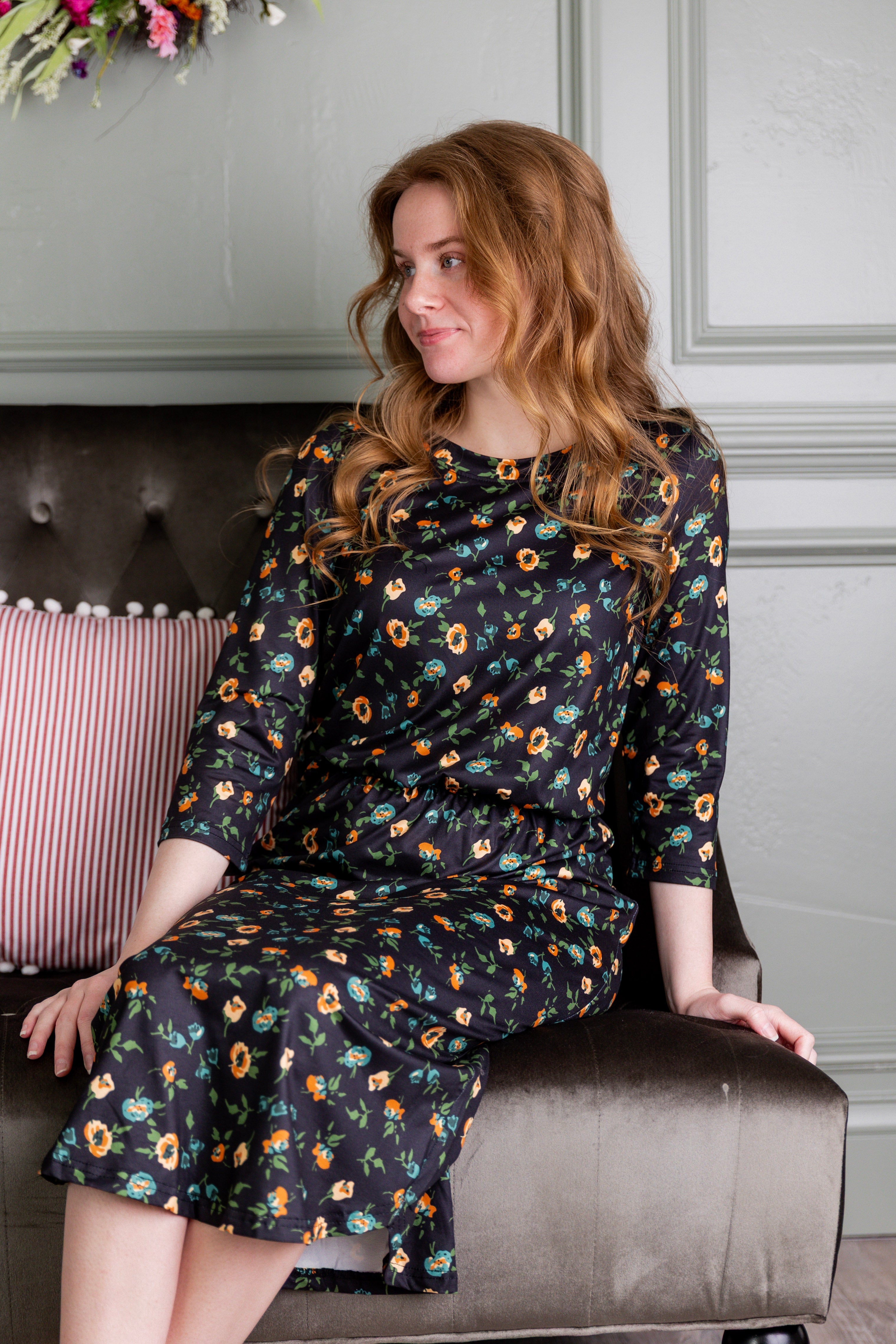Model wearing Modest Nuggles® Harper Jane Dress in Wildflowers
