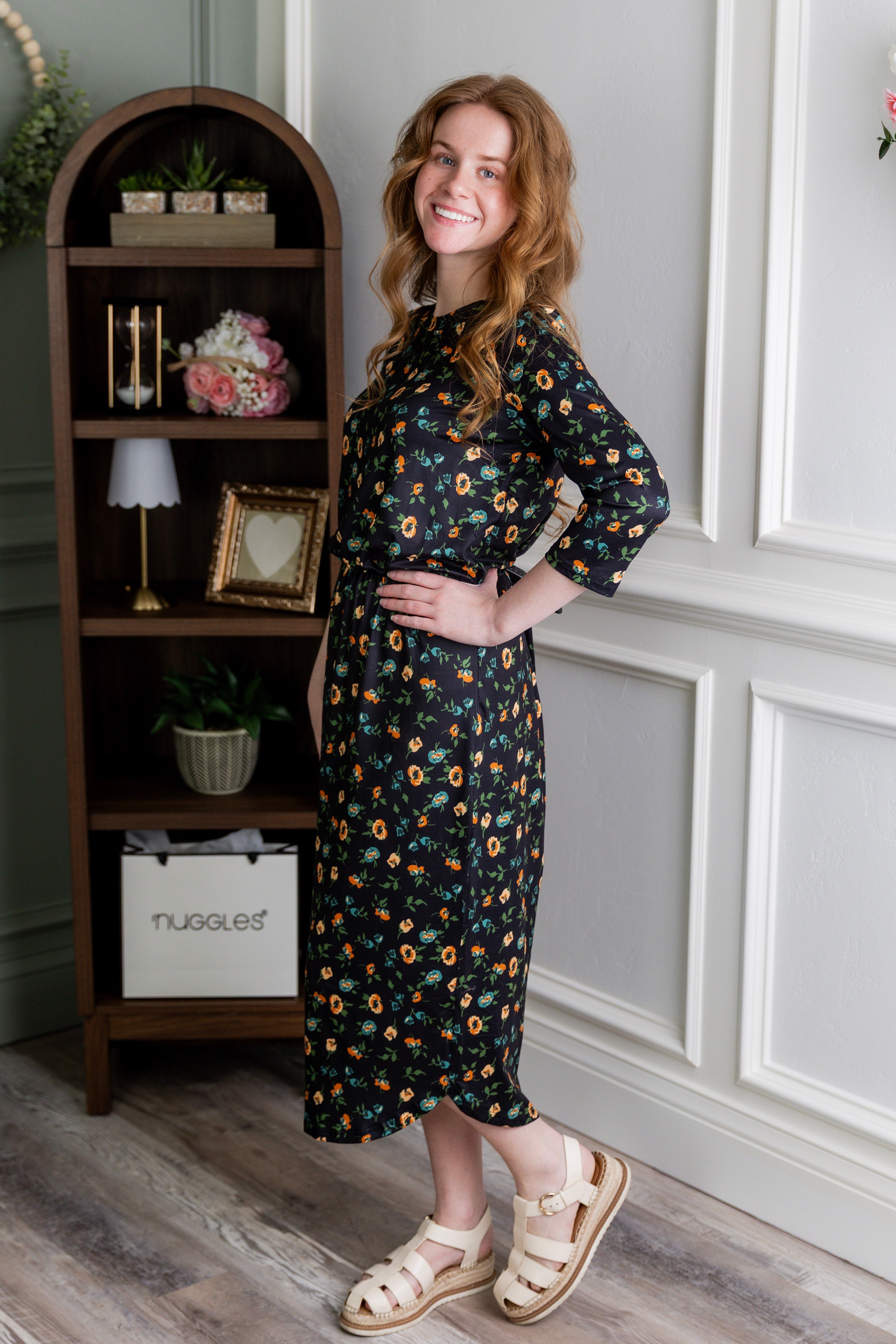 Model wearing Modest Nuggles® Harper Jane Dress in Wildflowers