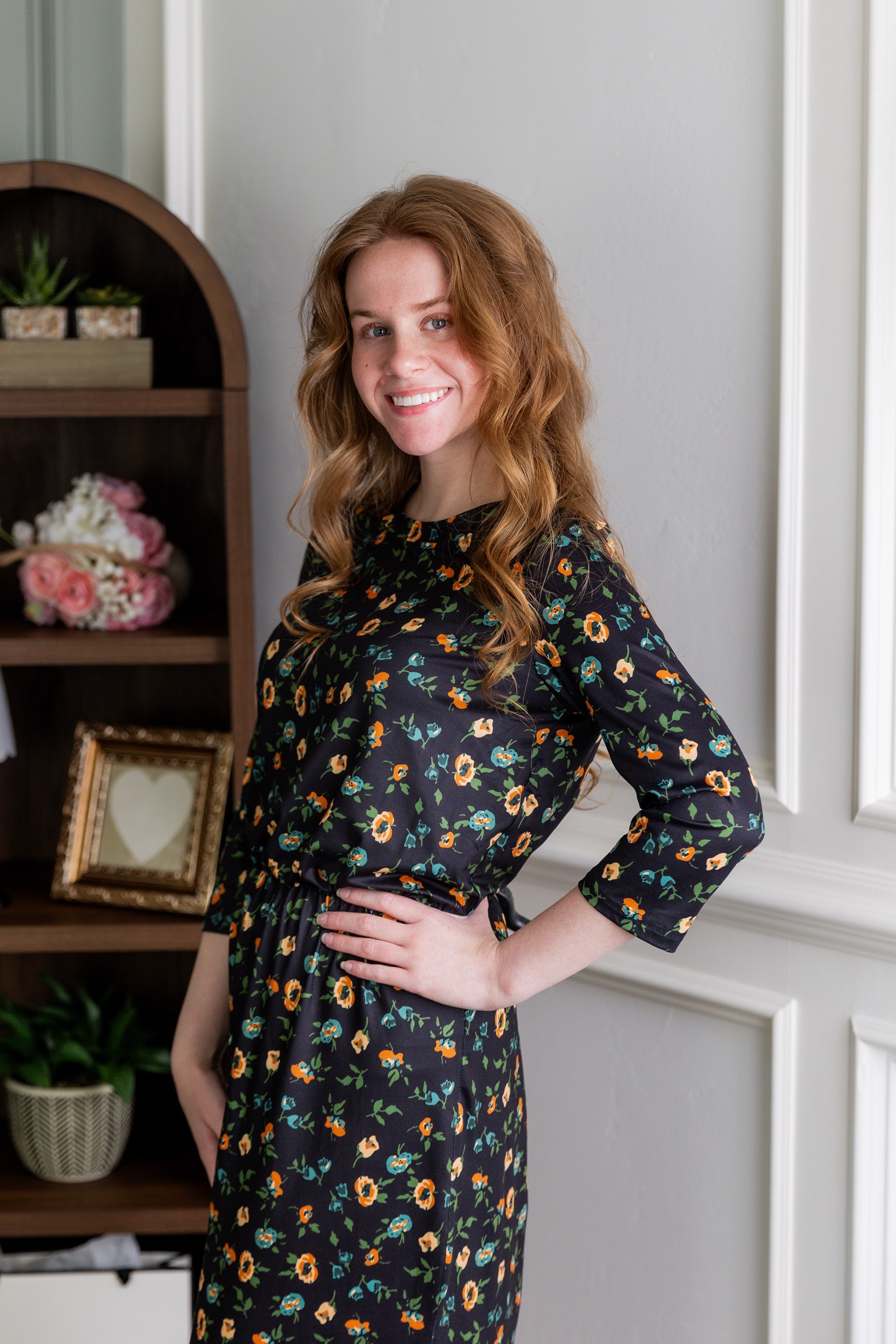 Model wearing Modest Nuggles® Harper Jane Dress in Wildflowers