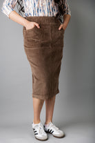 Model wearing Nuggles® 27-inch corduroy skirt