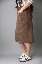 Model wearing Nuggles® 27-inch corduroy skirt