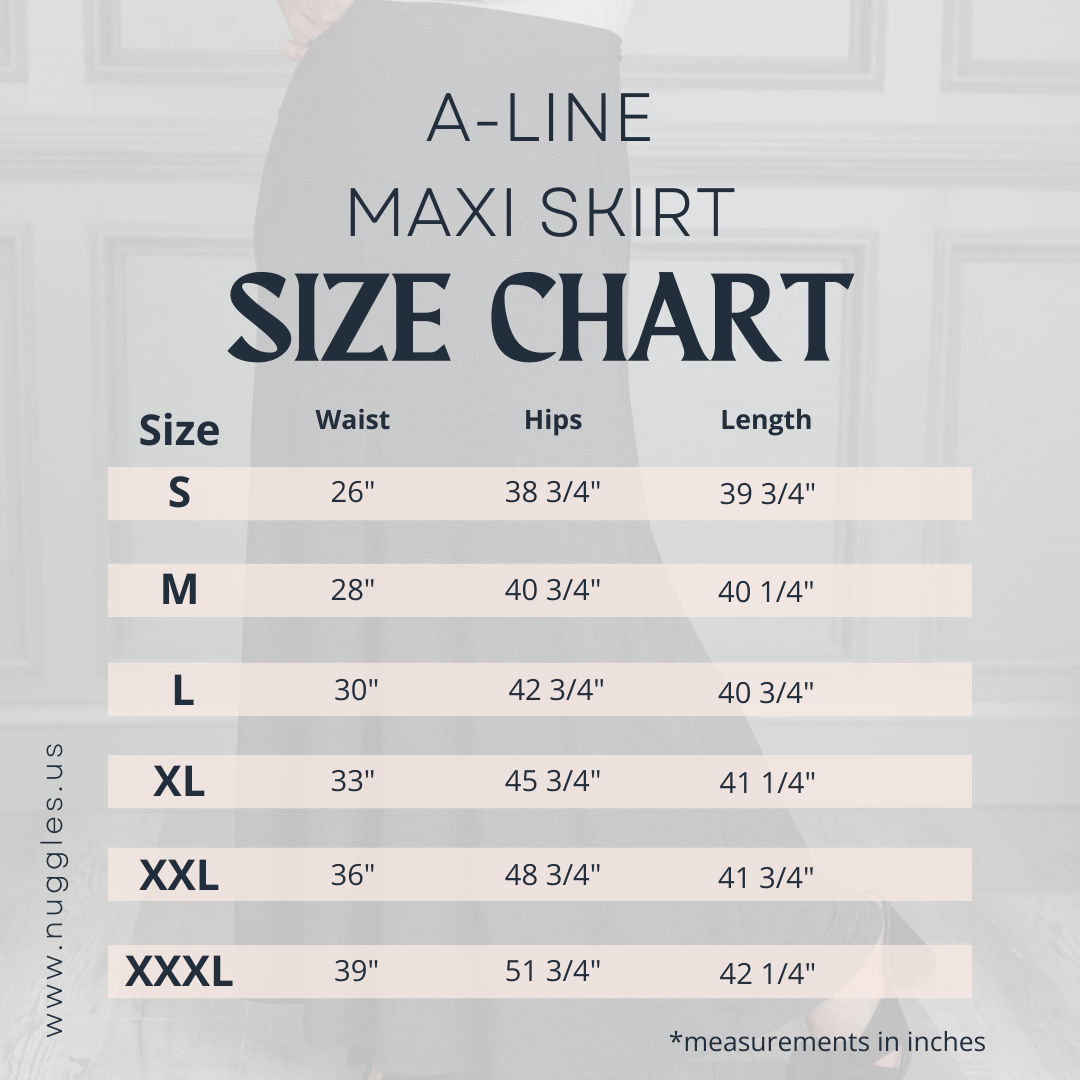 Detailed size chart for Nuggles® A-Line Maxi Skirt in multiple lengths