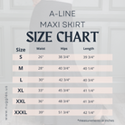 Detailed size chart for Nuggles® A-Line Maxi Skirt in multiple lengths