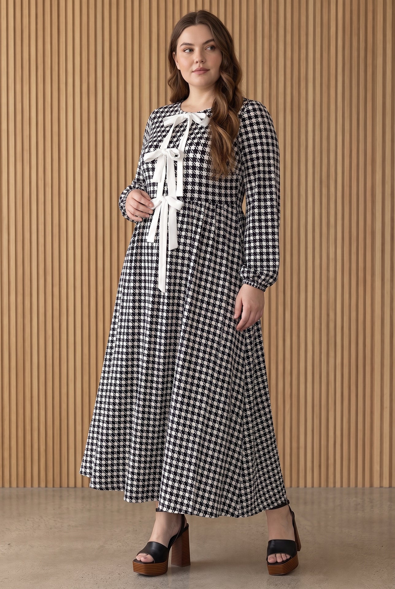Model wearing Nuggles®  Addison Dress in Cookie Check