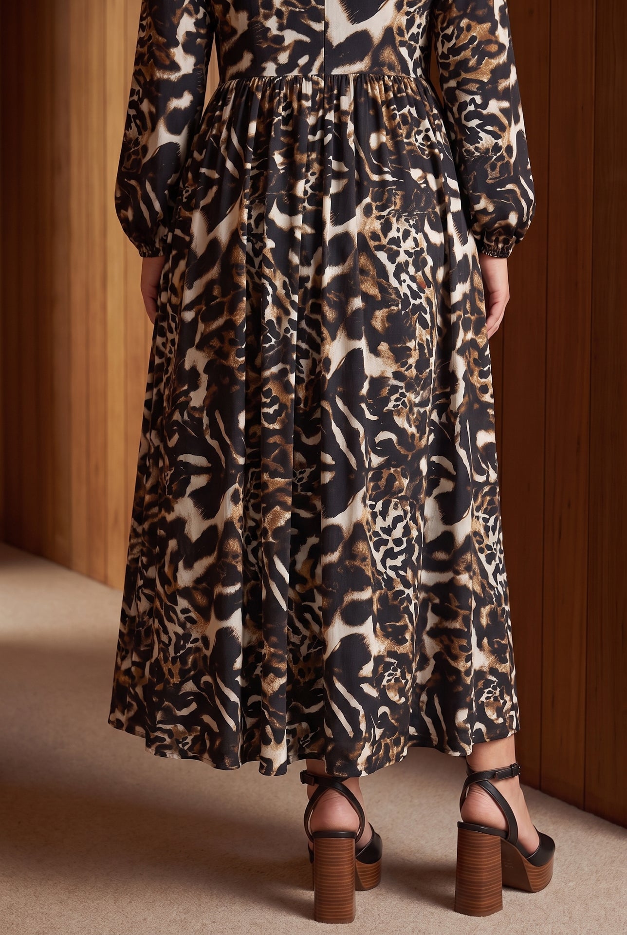Model wearing Nuggles®  Addison Dress in Midnight Safari