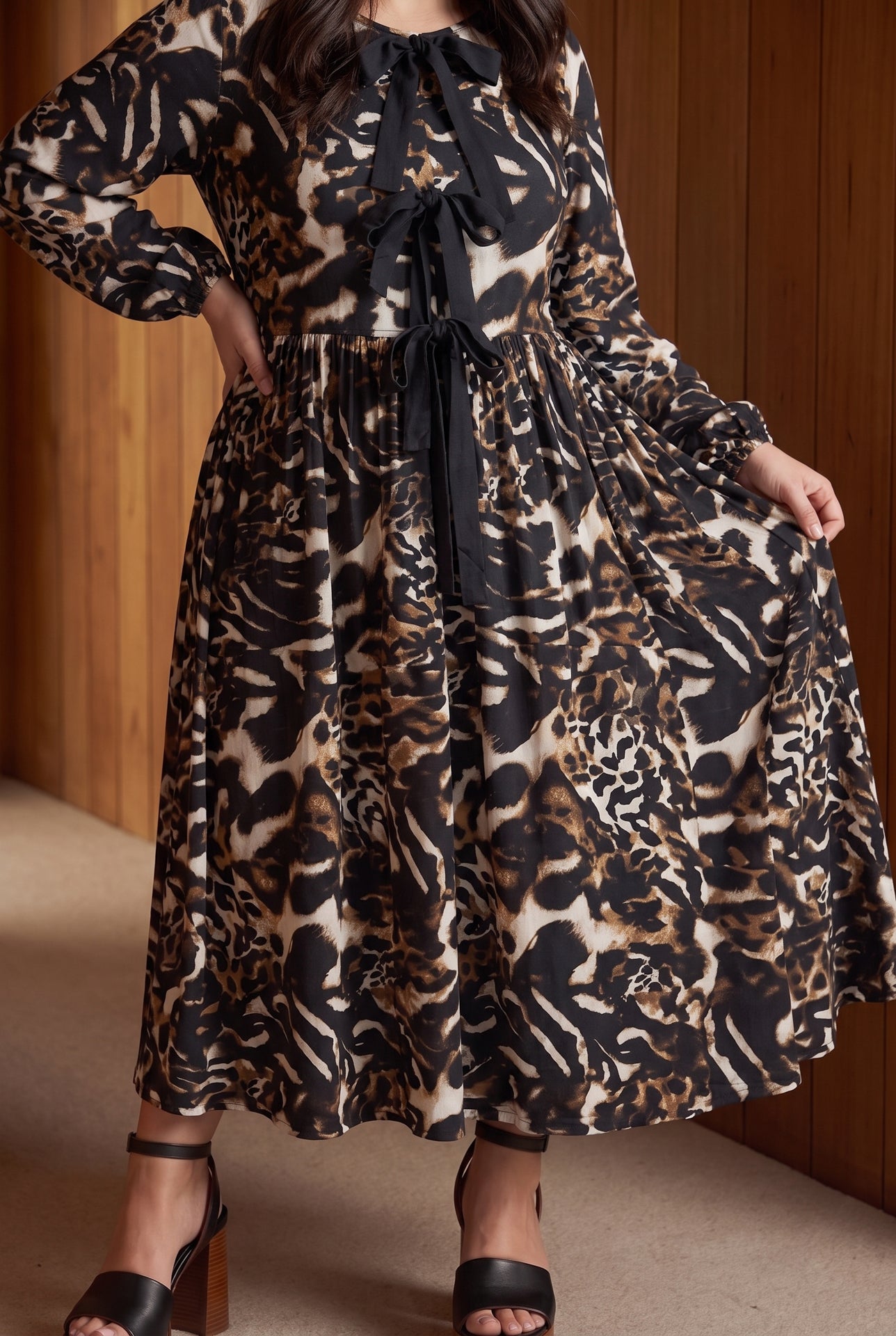 Model wearing Nuggles®  Addison Dress in Midnight Safari
