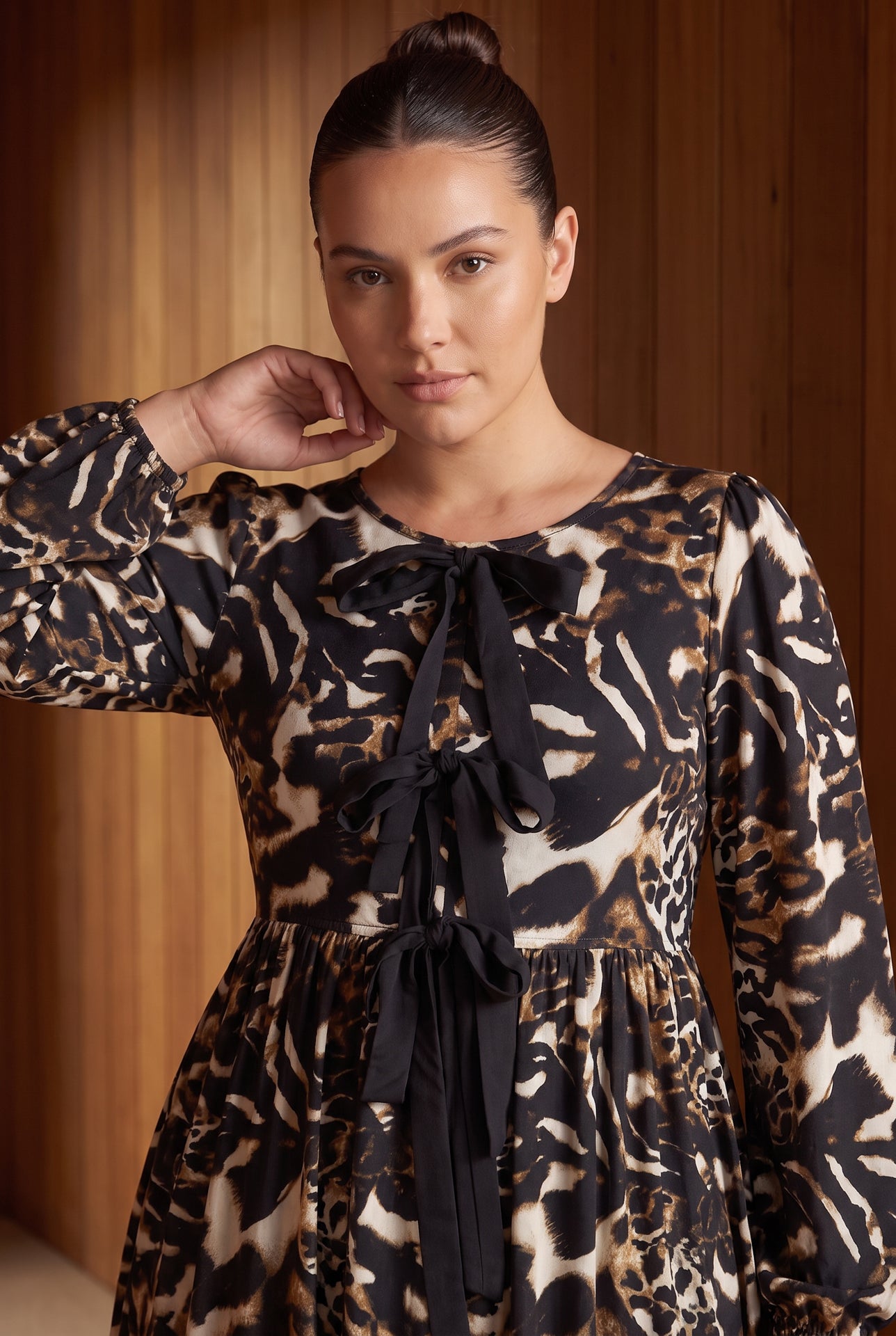 Model wearing Nuggles®  Addison Dress in Midnight Safari