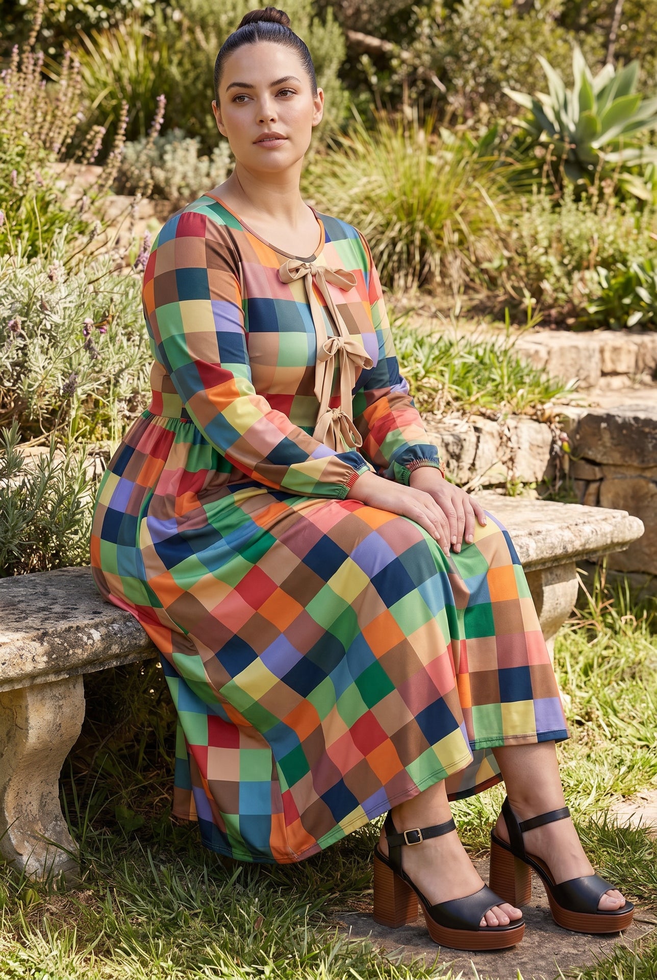 Model wearing Nuggles®  Addison Dress in Patch Pixels
