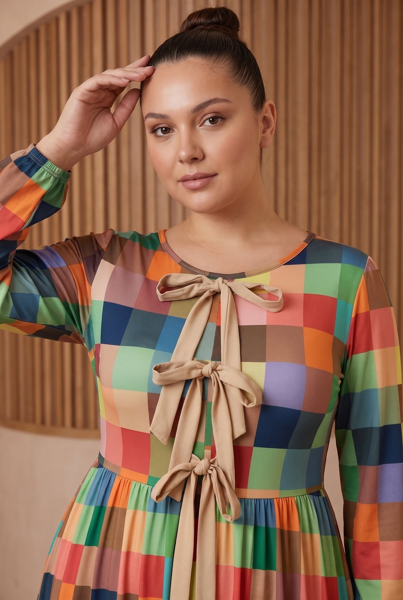 Model wearing Nuggles®  Addison Dress in Patch Pixels
